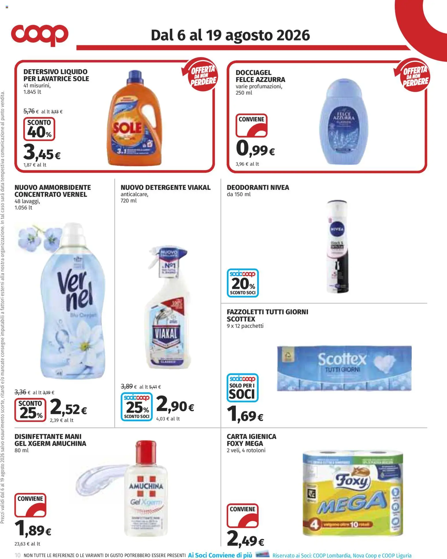 Volantino COOP del 06/08/2026 | Pagina: 10 | Prodotti: Carta igienica, Ammorbidente, Fazzoletti, Lavatrice