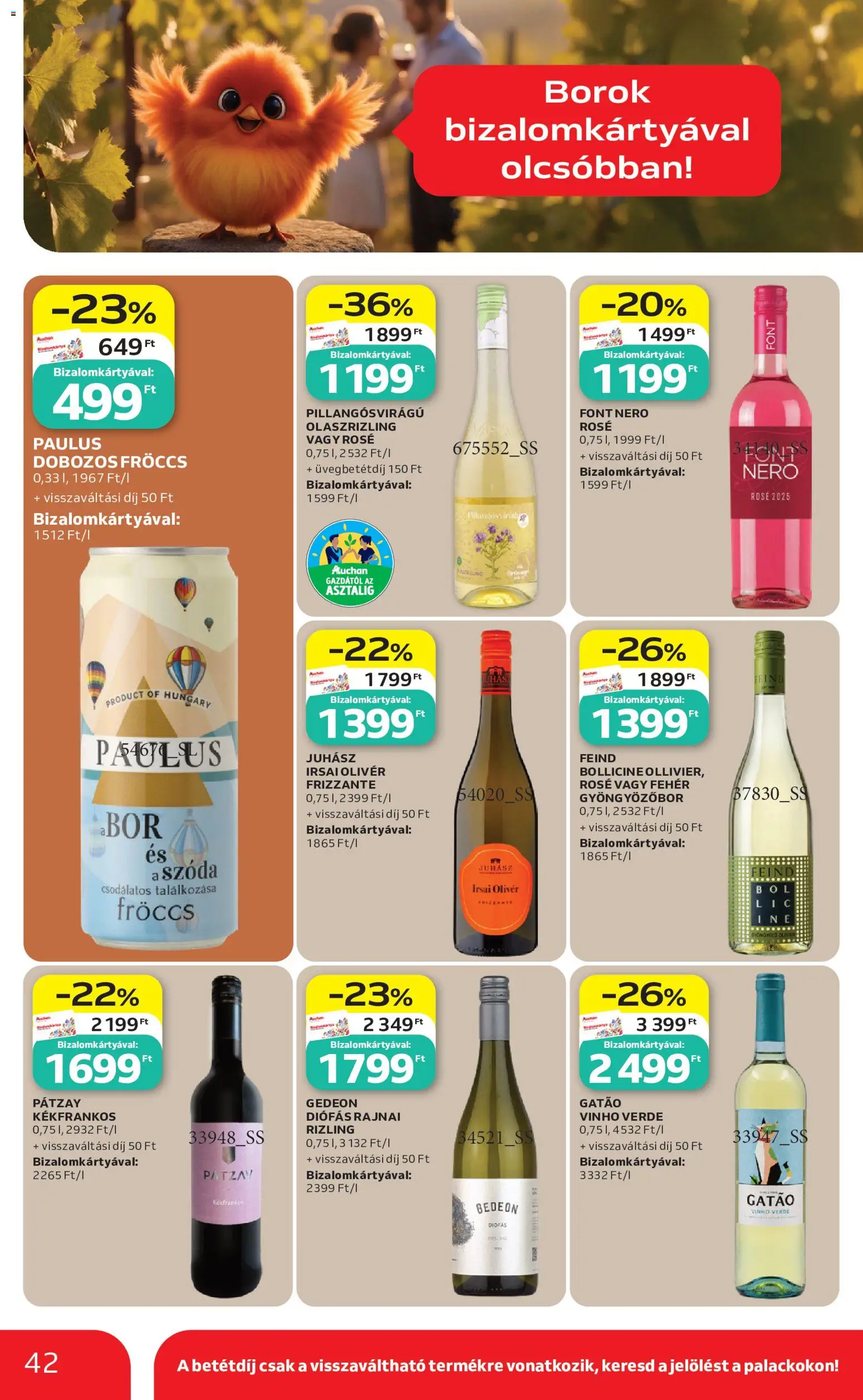 Auchan akciós ujság - amely érvényes a következő dátumtól: 2026.07.16. | Oldal: 42 | Termékek: Irsai Olivér, Gyöngyözőbor, Rosé