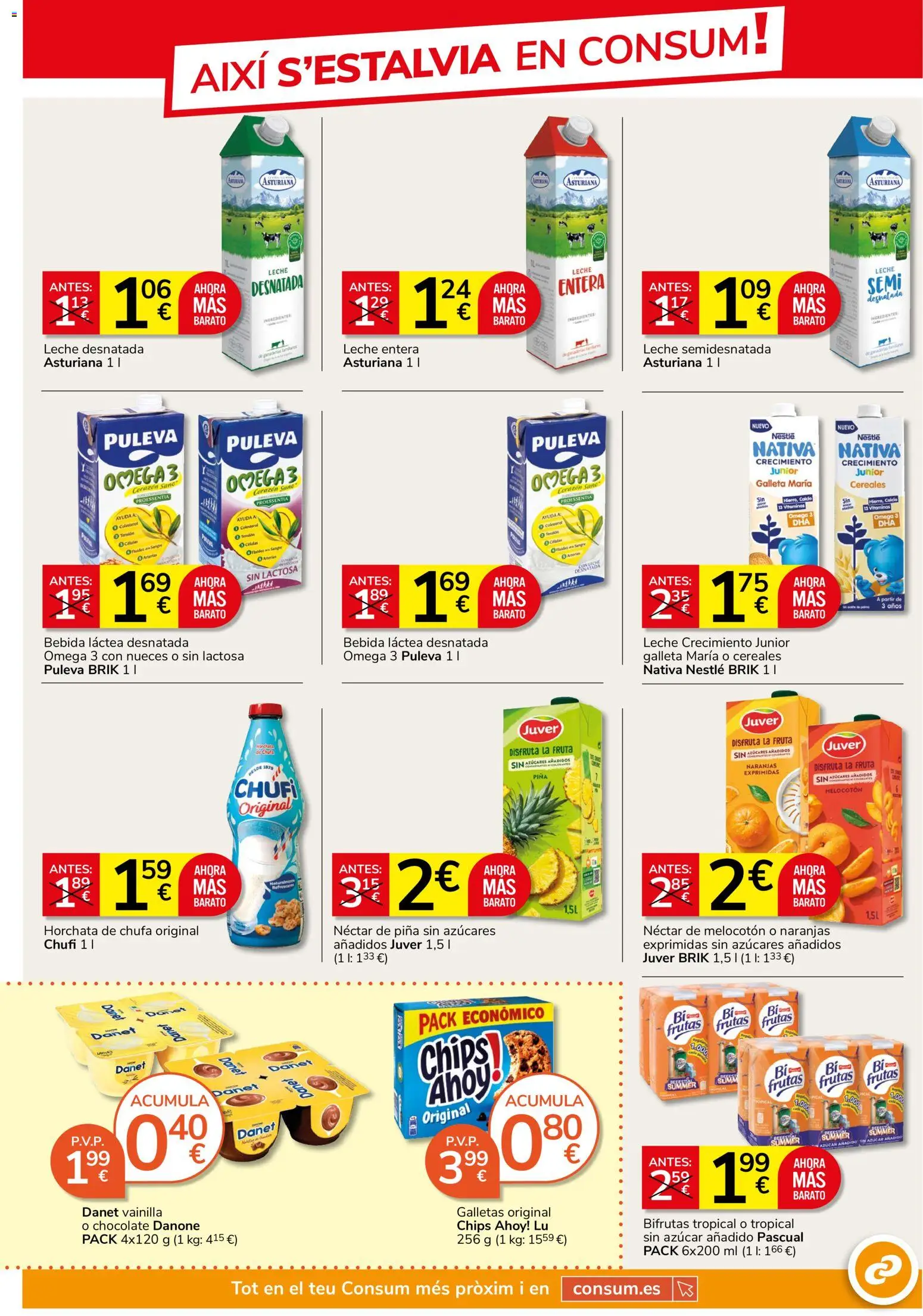 Consum folleto │ válido desde el 25/06/2026 | Página: 3 | Productos: Leche entera, Δοχείο φοντί, Naranjas, Galletas