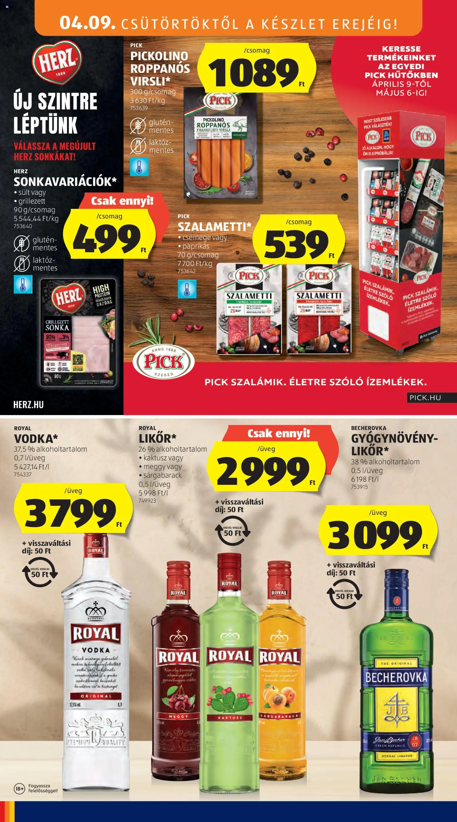 Aldi akciós ujság - amely érvényes a következő dátumtól: 09.04.2026 | Oldal: 18 | Termékek: Szőlő, Pick, Frankfurti virsli, Becherovka