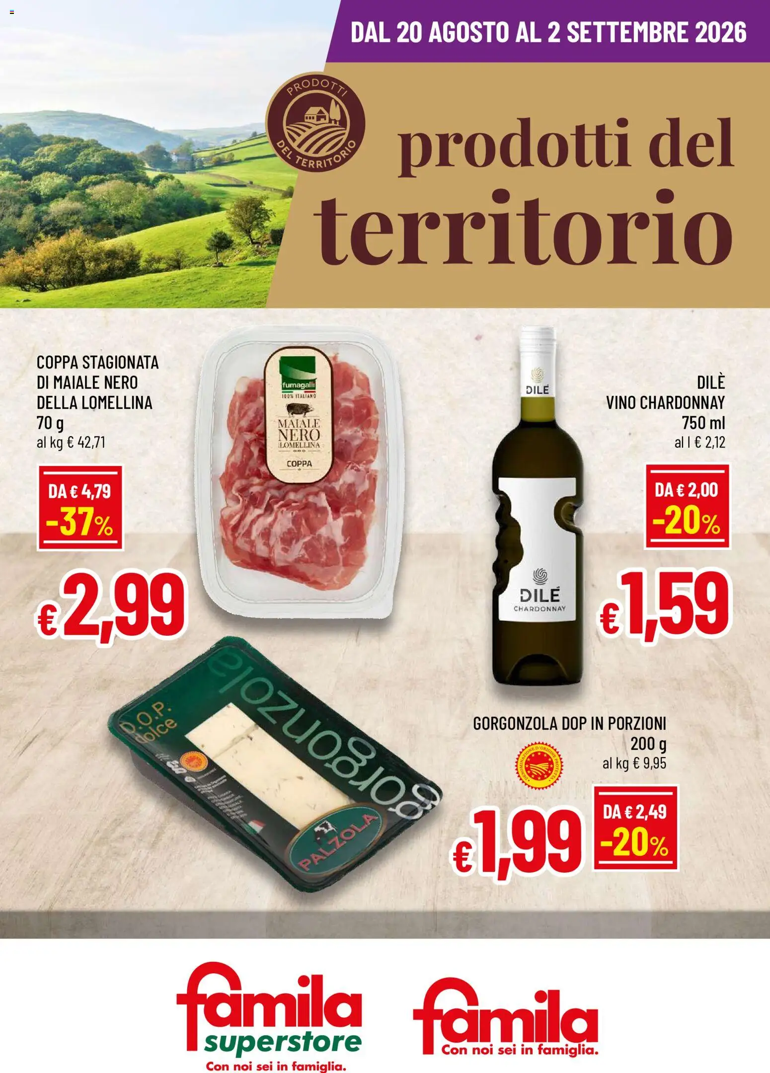 Volantino Famila del 20/08/2026 | Pagina: 1 | Prodotti: Maiale, Vino, Gorgonzola