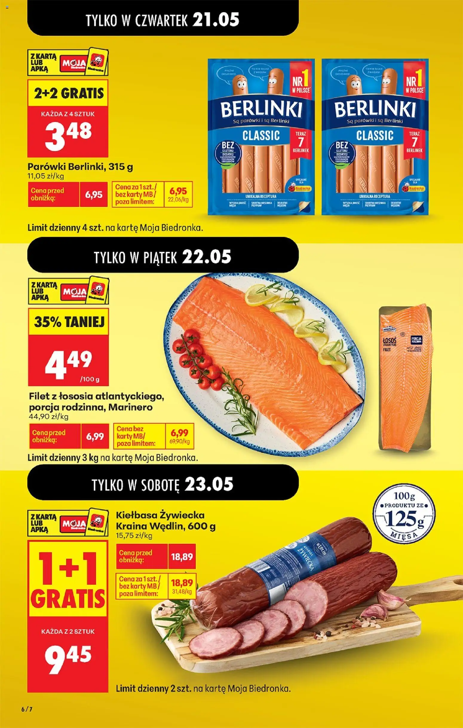 Biedronka gazetka od czwartku od 21.05.2026 | Strona: 8 | Produkty: Kiełbasa, Karta, Parówki berlinki, Filet z łososia