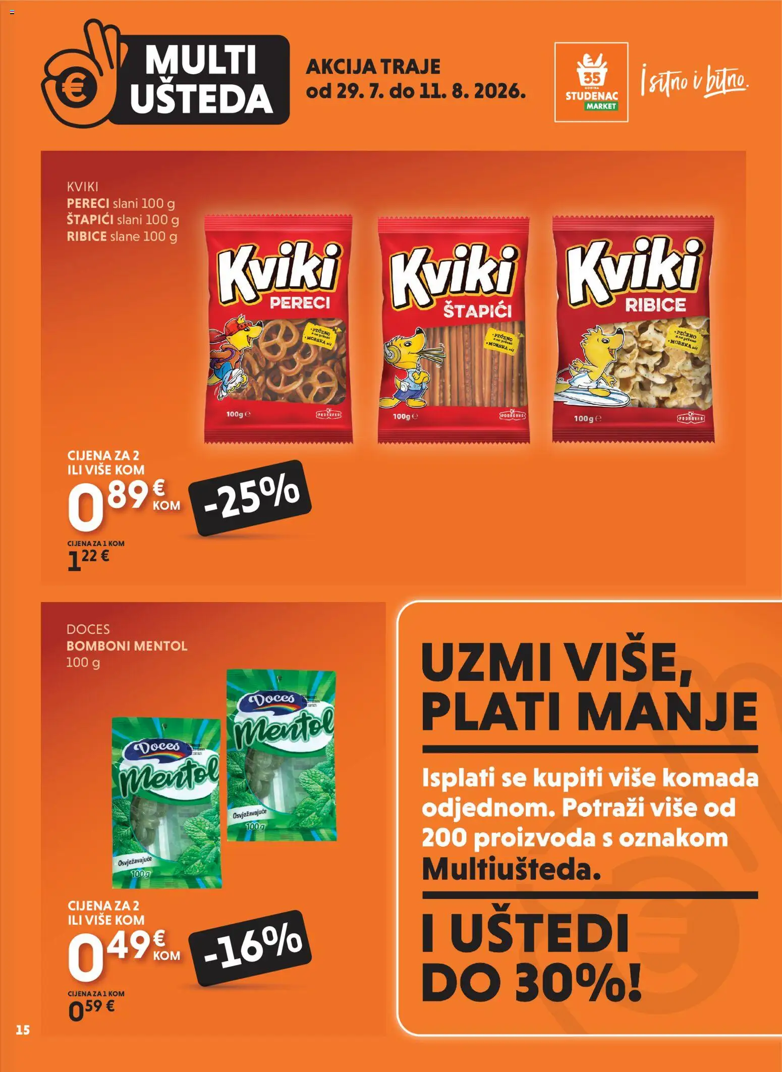 Studenac katalog | vrijedi od 29.07.2026 | Stranica: 15 | Proizvodi: Podravka, Bomboni, Štapići, Pereci