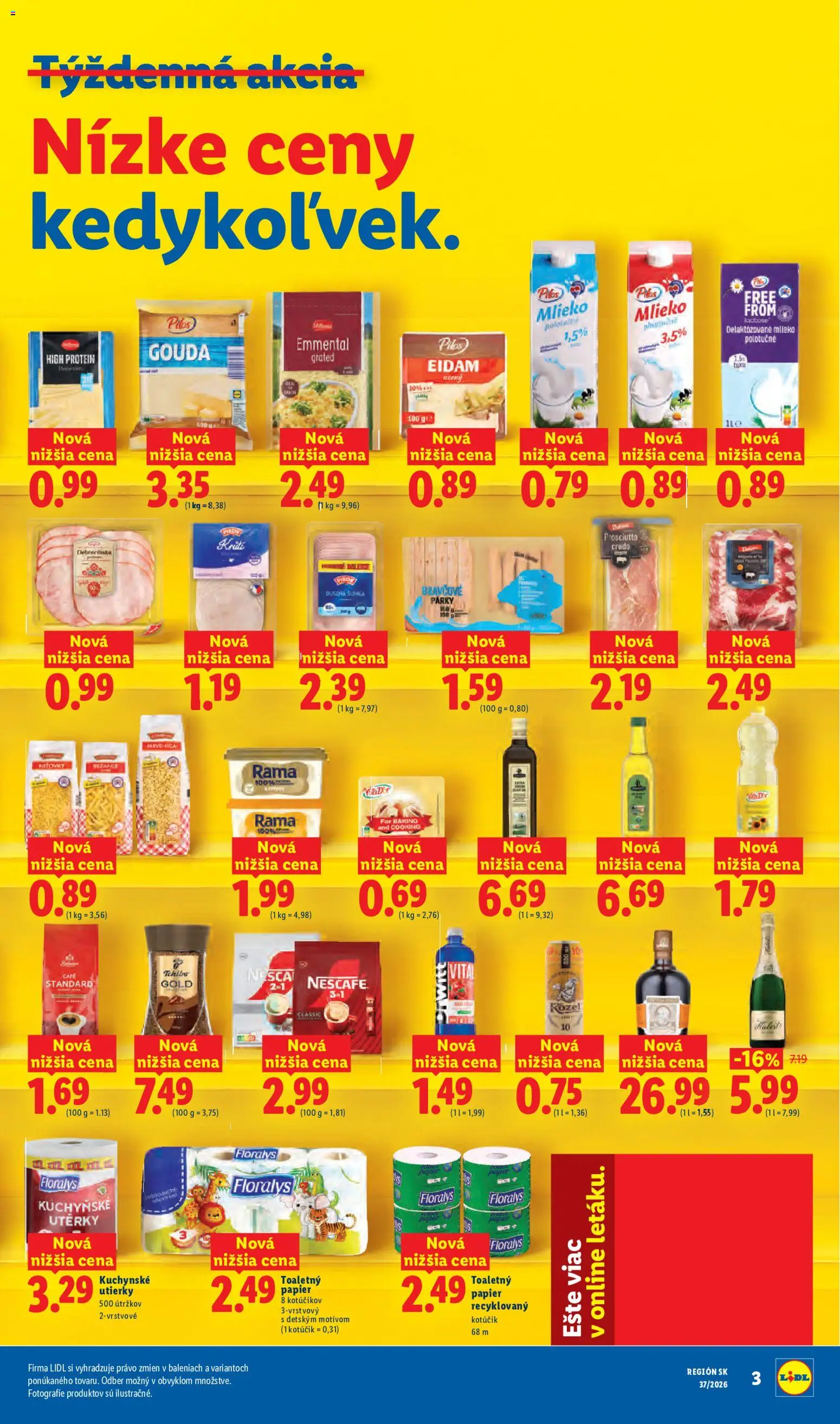 Nové Lidl akcie – leták je platný od 07.09.2026 | Strana: 3 | Produkty: Gouda, Protein, Toaletný papier, Utierky