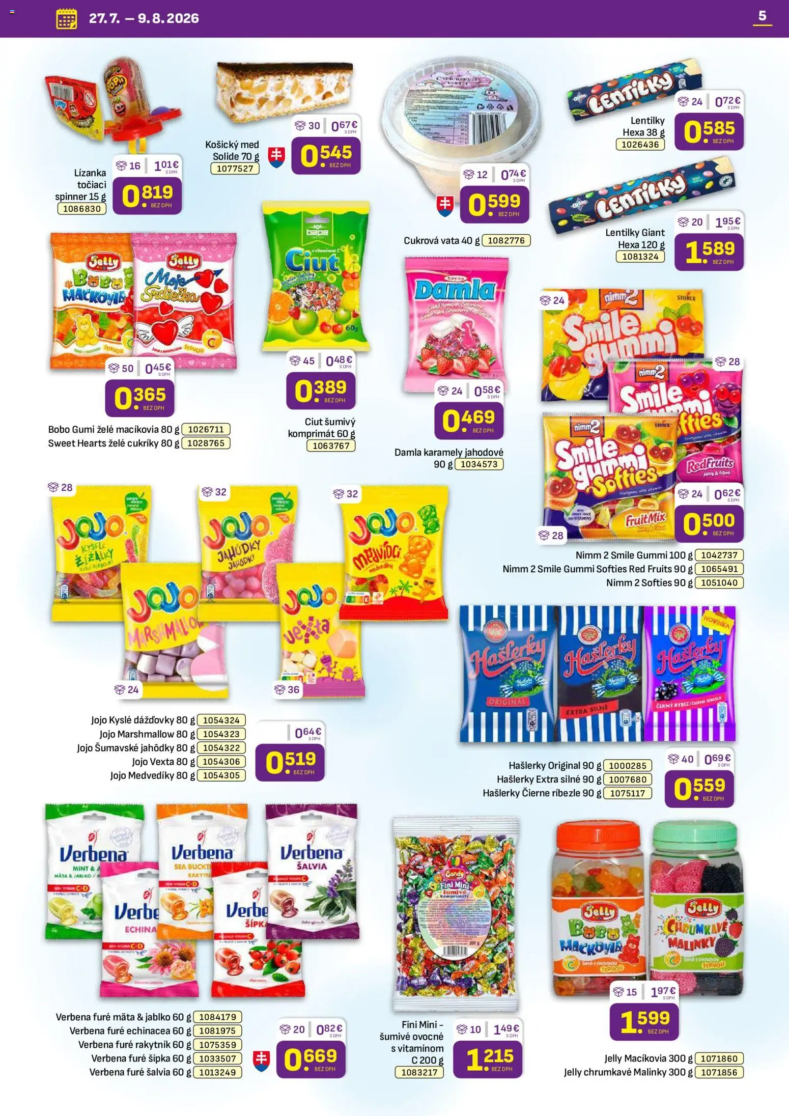 Nové Libex akcie – leták je platný od 27.07.2026 | Strana: 5 | Produkty: Ríbezle, Vesta, Cukríky, Med