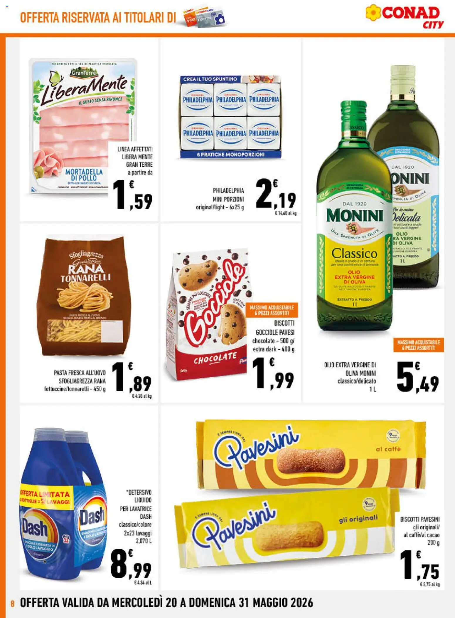 Volantino Conad del 20.05.2026 | Pagina: 8 | Prodotti: Biscotti, Lavatrice, Olio extra vergine, Cacao