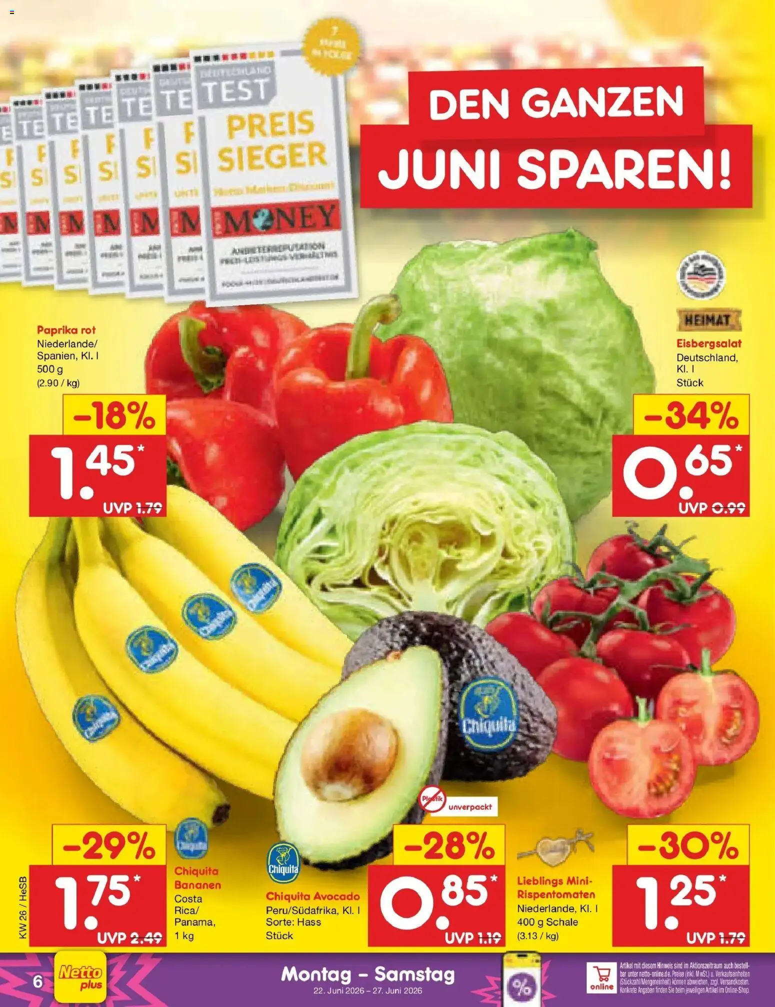 Netto Marken-Discount Prospekt Kröpelin – gültig ab 21.06.2026 | Seite: 8 | Produkte: Paprika rot, Bananen, Eisbergsalat, Paprika