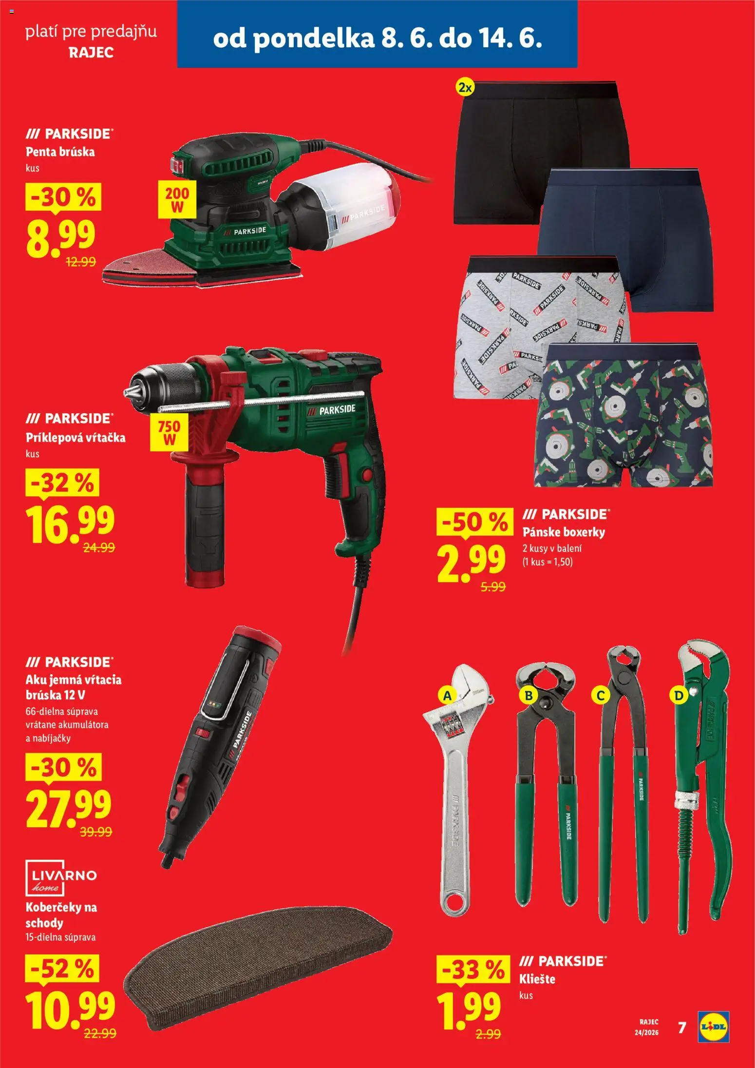 Nové Lidl akcie – leták je platný od 08.06.2026 | Strana: 7 | Produkty: Príklepová vŕtačka, Vŕtačka, Aku, Parkside