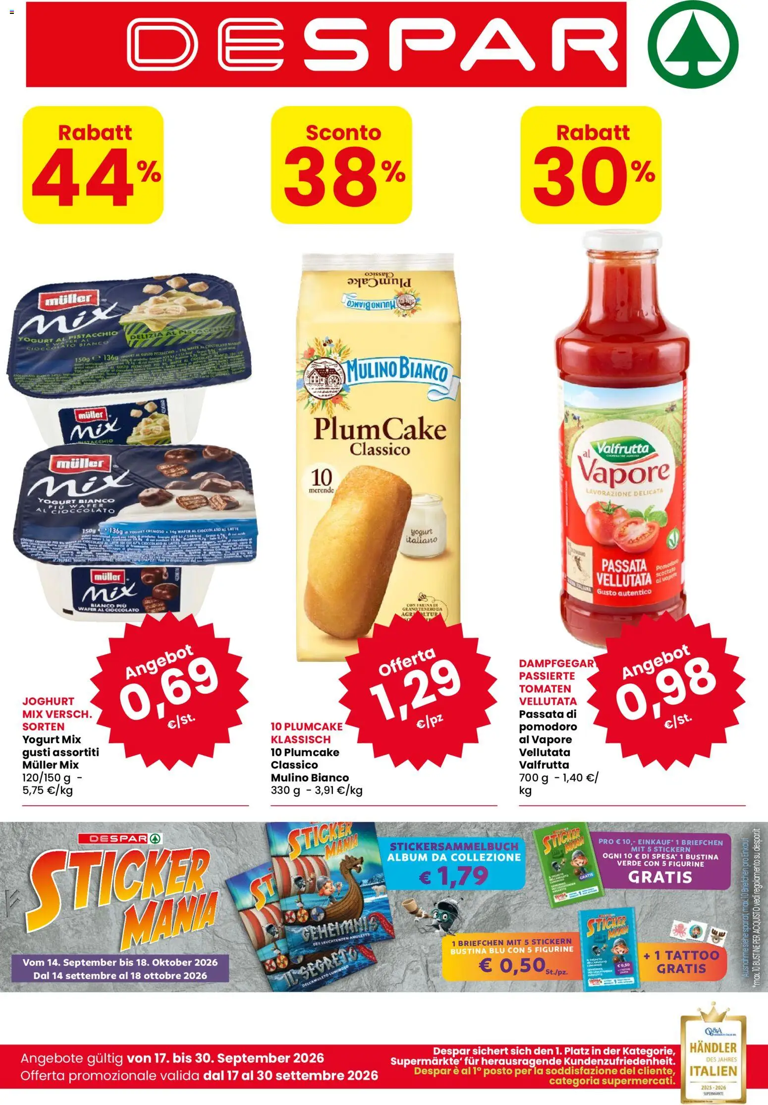 Volantino Despar del 17/09/2026 | Pagina: 1 | Prodotti: Yogurt, Cioccolato, Pomodoro, Yogurt bianco