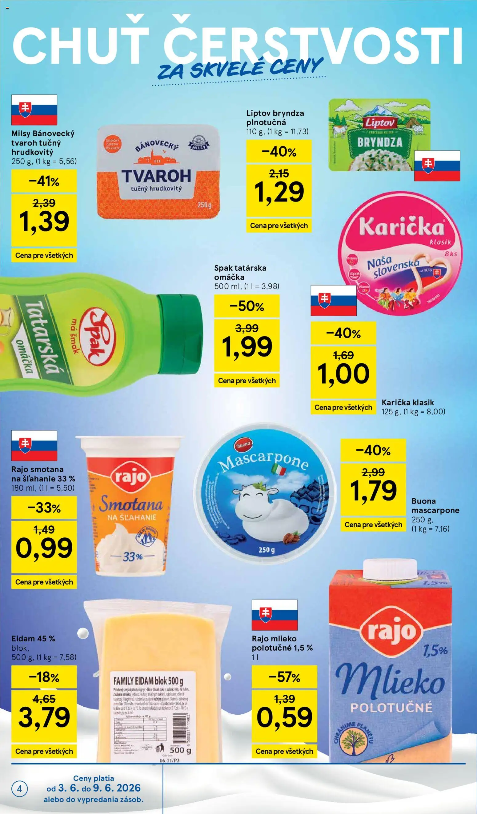 Nové Tesco akcie – leták je platný od 03.06.2026 | Strana: 4 | Produkty: Mlieko, Eidam 45%, Cottage cheese, Omáčka