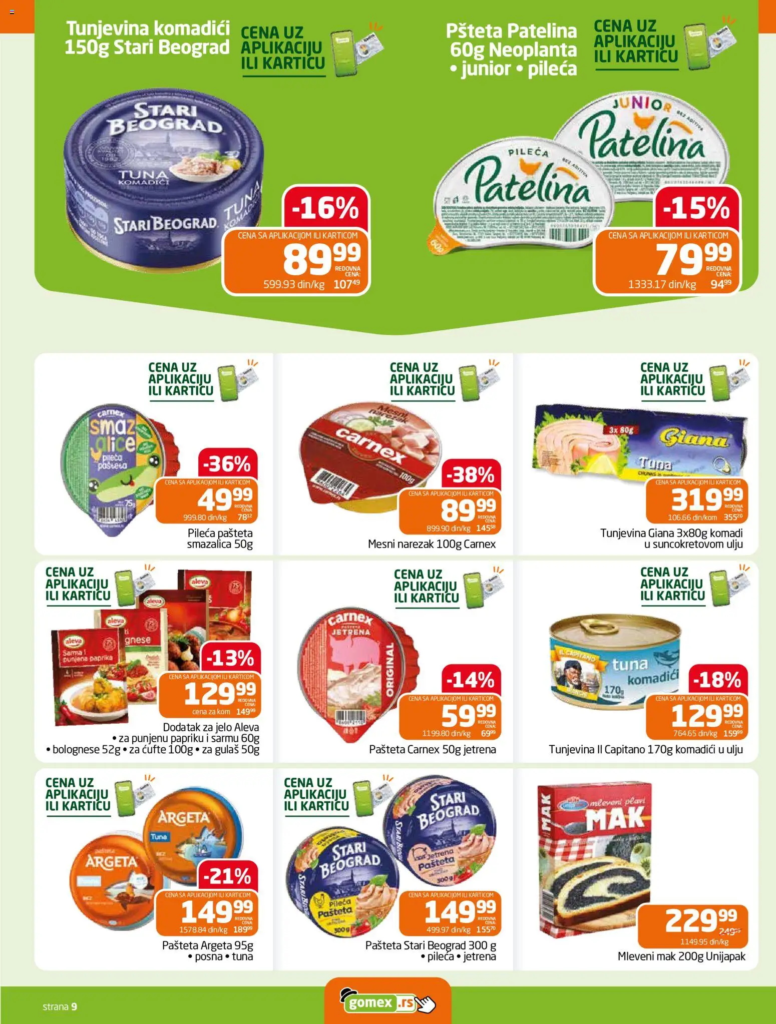 Gomex katalog - važi od 19.08.2026 | Strana: 9 | Proizvode: Mleveni mak, Narezak, Mesni narezak, Pašteta