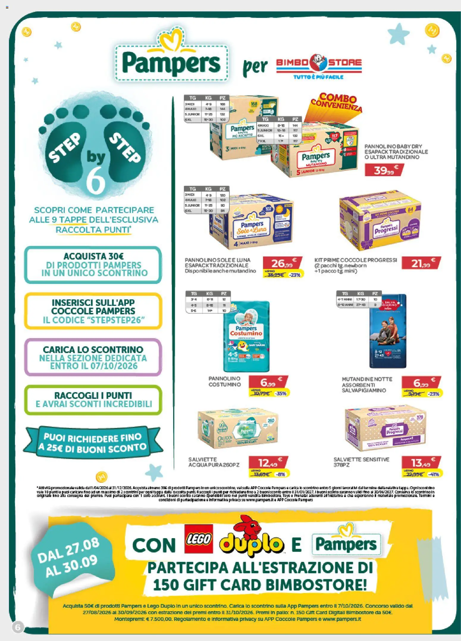 Volantino Bimbo store del 27/08/2026 | Pagina: 6 | Prodotti: Mutandine, Pampers, Assorbenti, LEGO