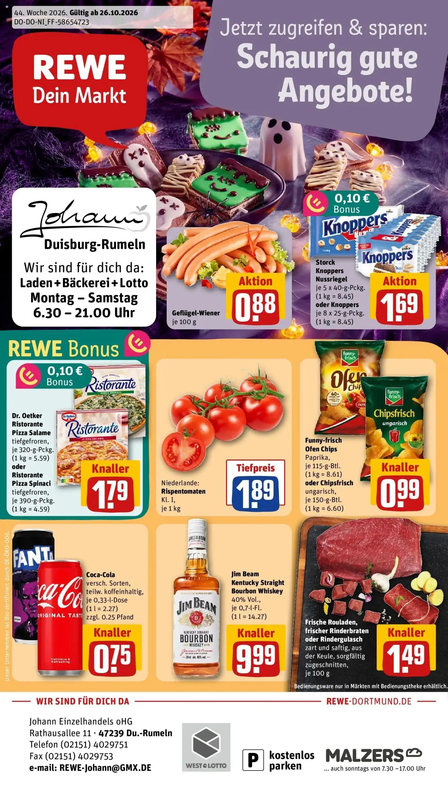 REWE Prospekt ab 26.10.2026 zum Blättern » Angebote | Seite: 1 | Produkte: Ofen, Jim beam, Funny frisch, Pizza