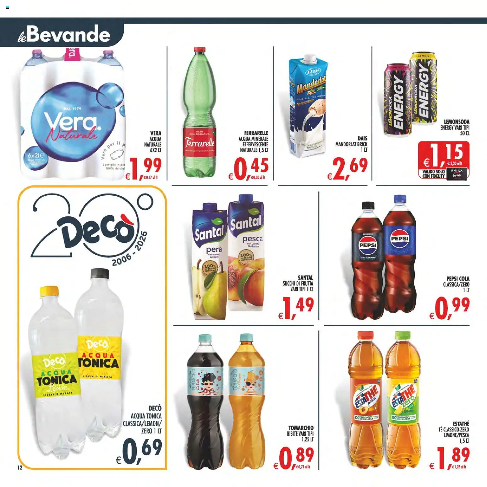 Volantino Decò del 01/09/2026 | Pagina: 12 | Prodotti: Acqua tonica, Latte, Pera, Bibite