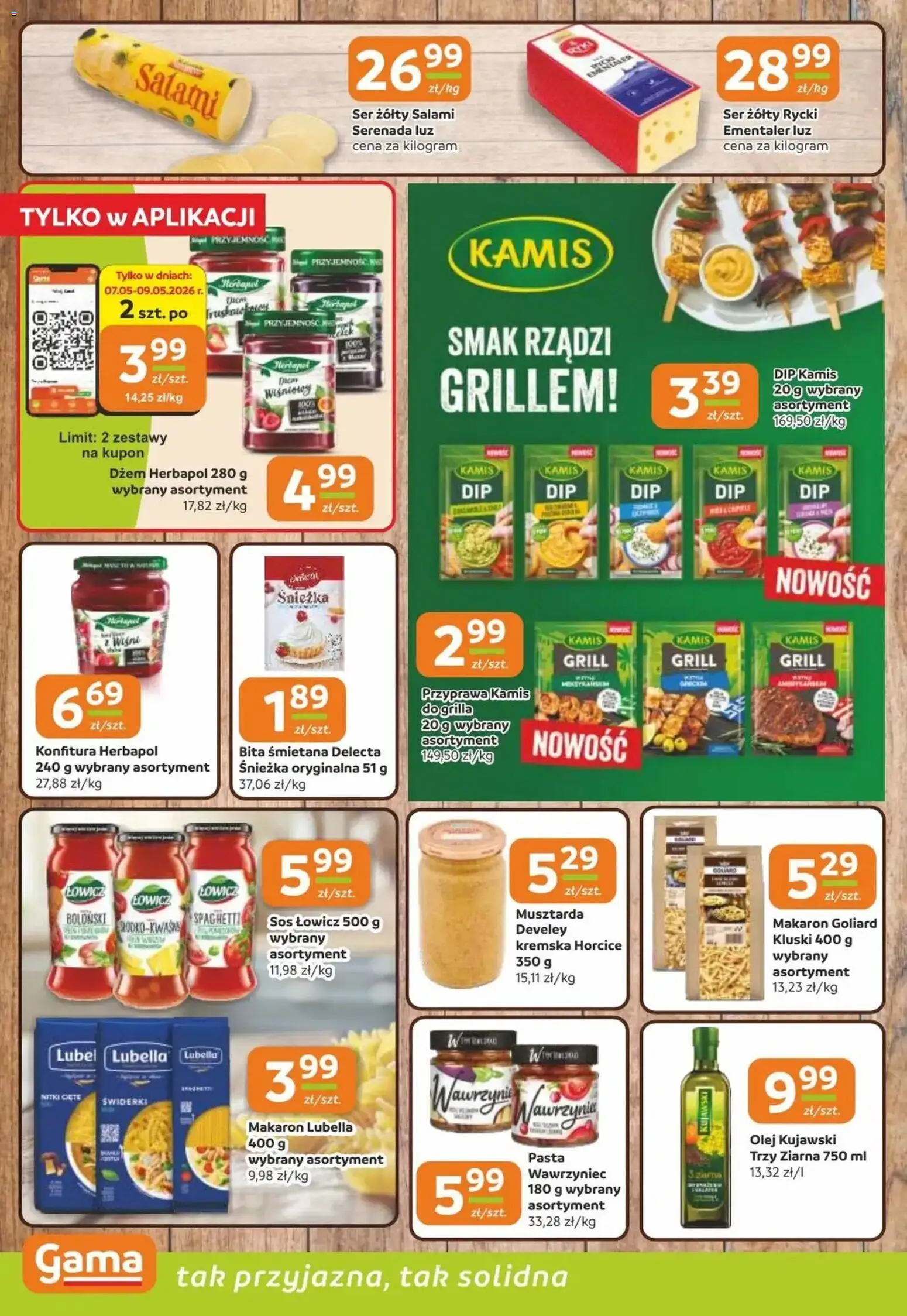 Gama gazetka od 07.05.2026 | Strona: 8 | Produkty: Ser żółty, Musztarda, Dżem, Salami