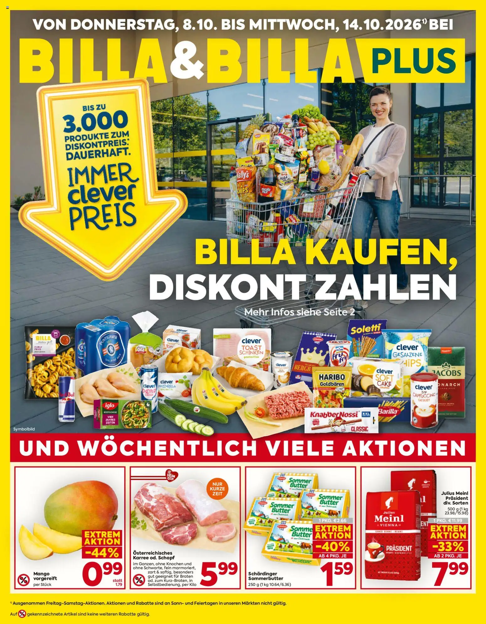 Billa AT akciós ujság - amely érvényes a következő dátumtól: 2026.10.08. | Oldal: 1 | Termékek: Haribo, Mozzarella, Barilla, Mangó