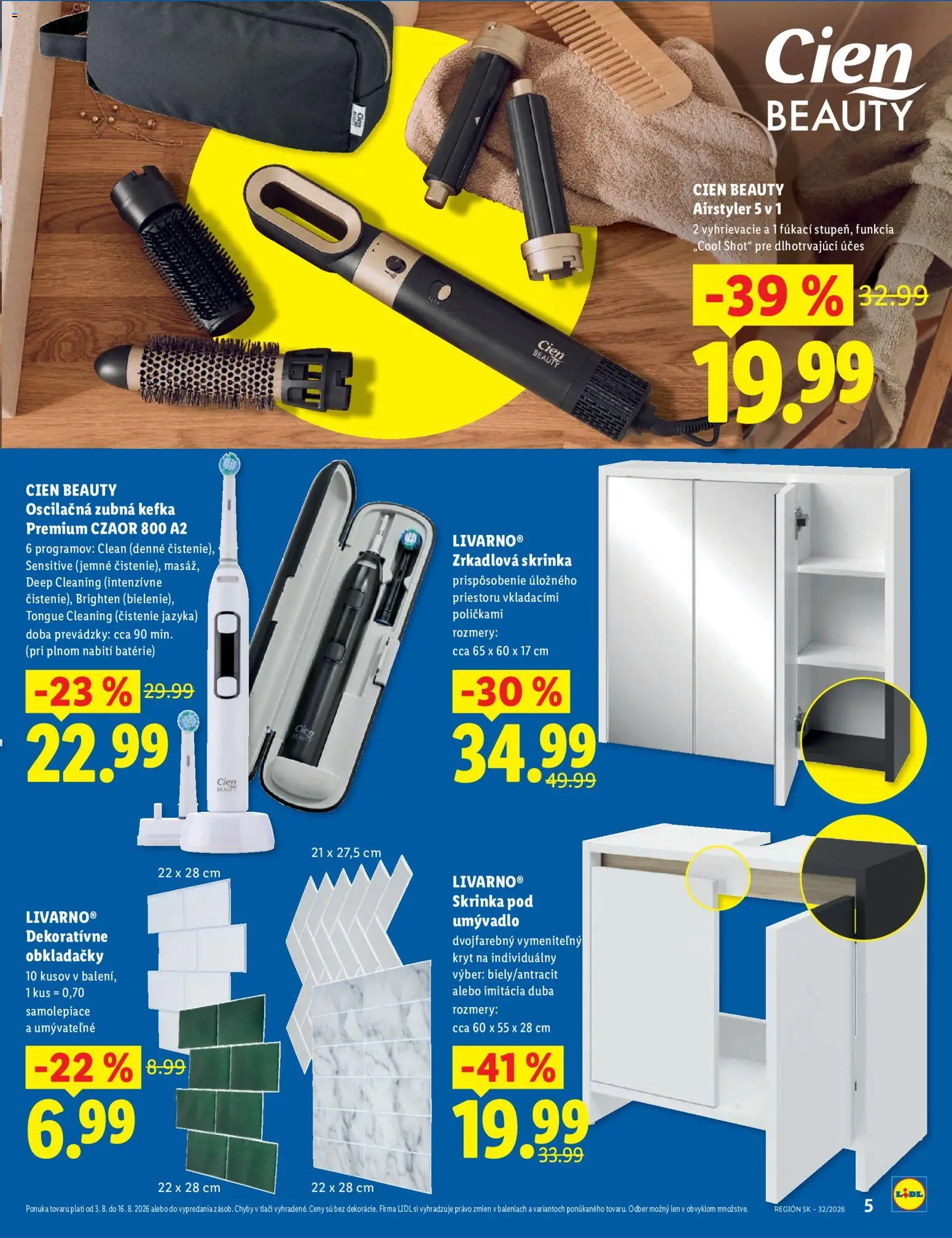 Nové Lidl akcie – leták je platný od 03.08.2026 | Strana: 5 | Produkty: Skrinka pod umývadlo, Zubná kefka, Skrinka