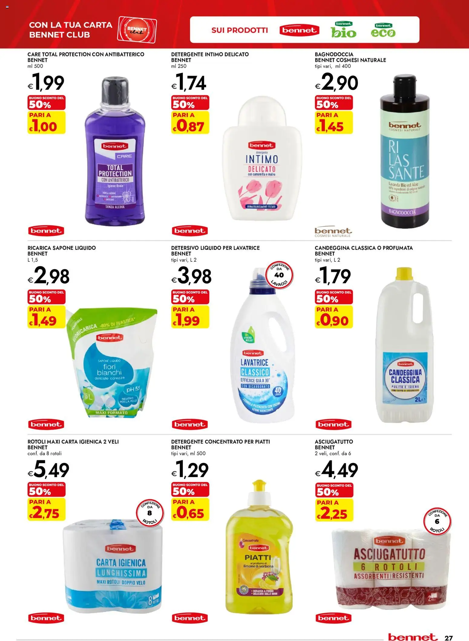 Volantino bennet del 03/09/2026 | Pagina: 27 | Prodotti: Carta igienica, Sapone, Piatti, Ingredienti