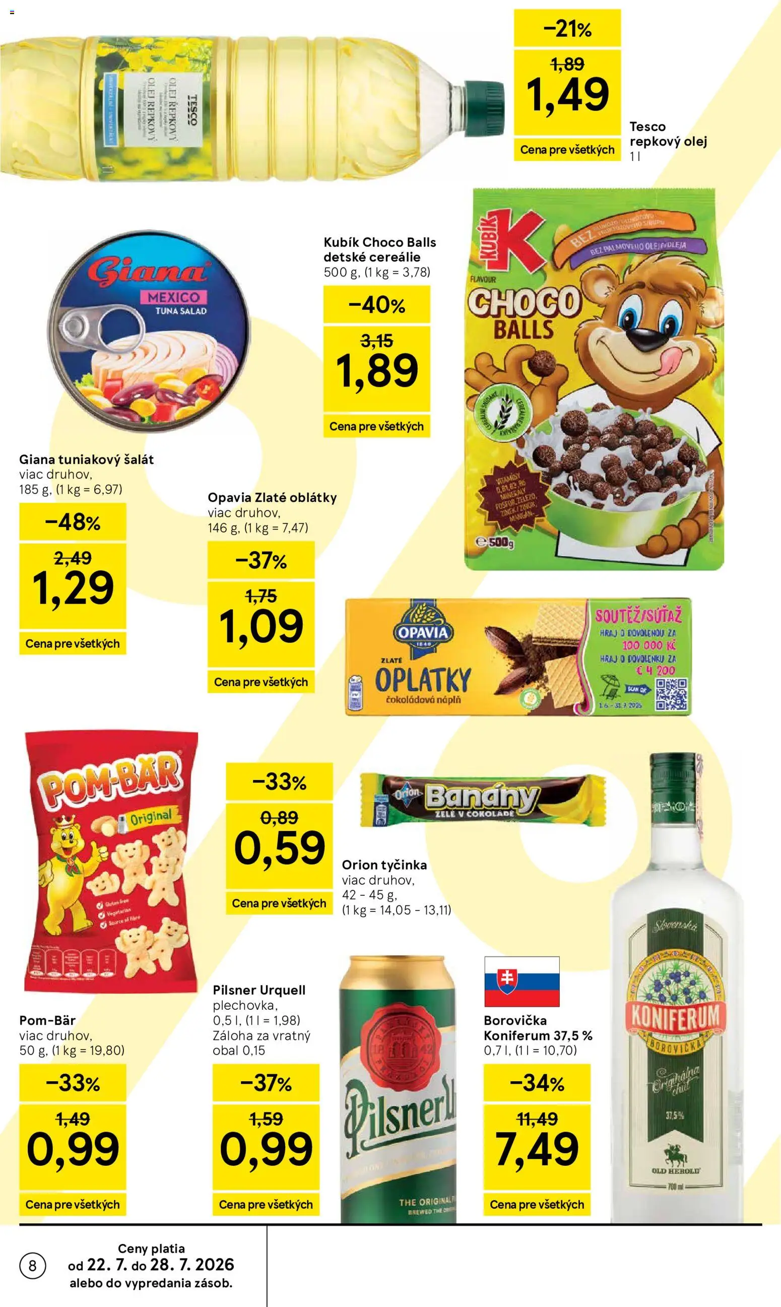 Nové Tesco akcie – leták je platný od 22.07.2026 | Strana: 8 | Produkty: Repkový olej, Koniferum, Oblátky, Gin