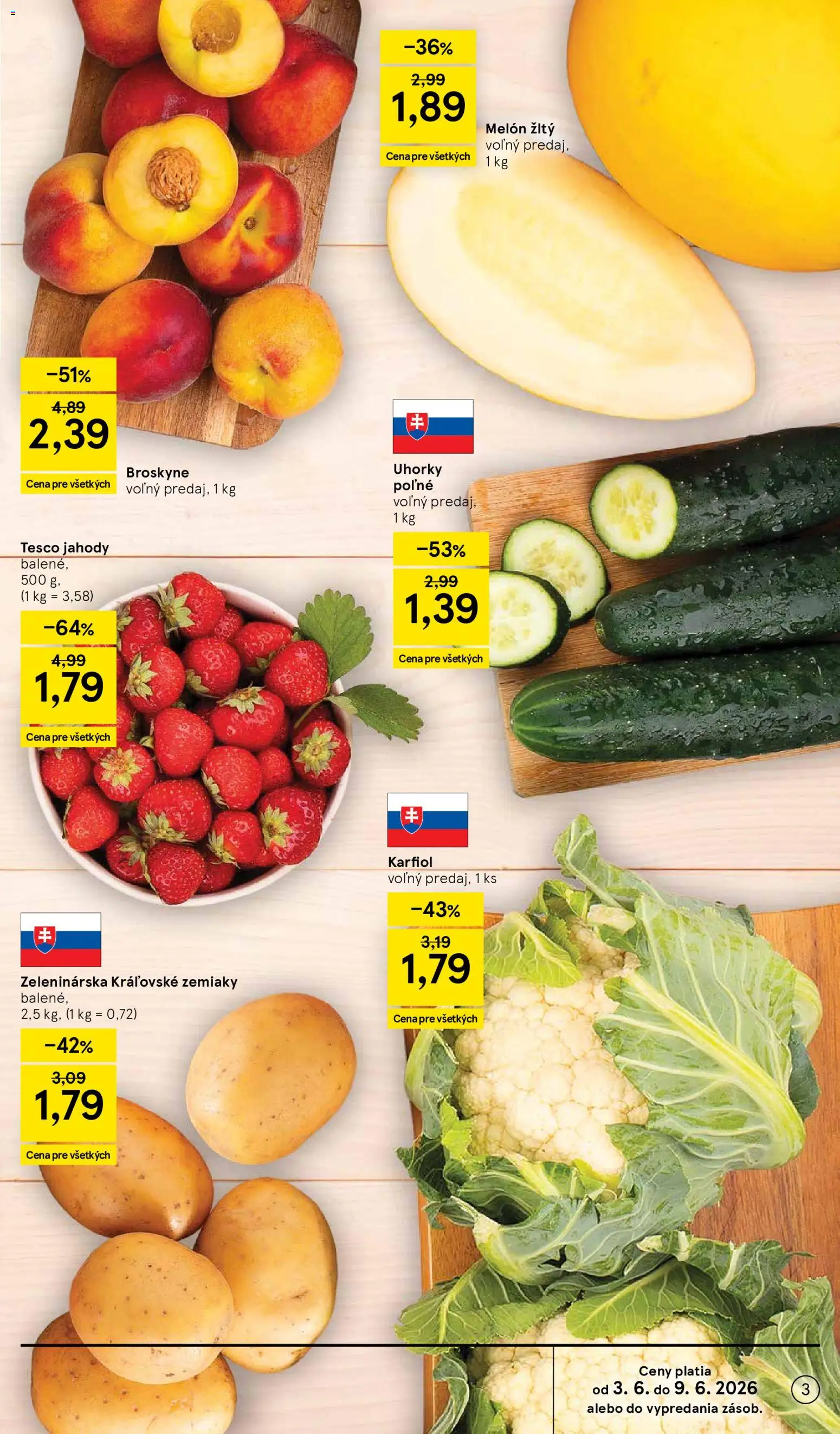 Nové Tesco akcie – leták je platný od 03.06.2026 | Strana: 3 | Produkty: Karfiol, Jahody, Zemiaky, Broskyne