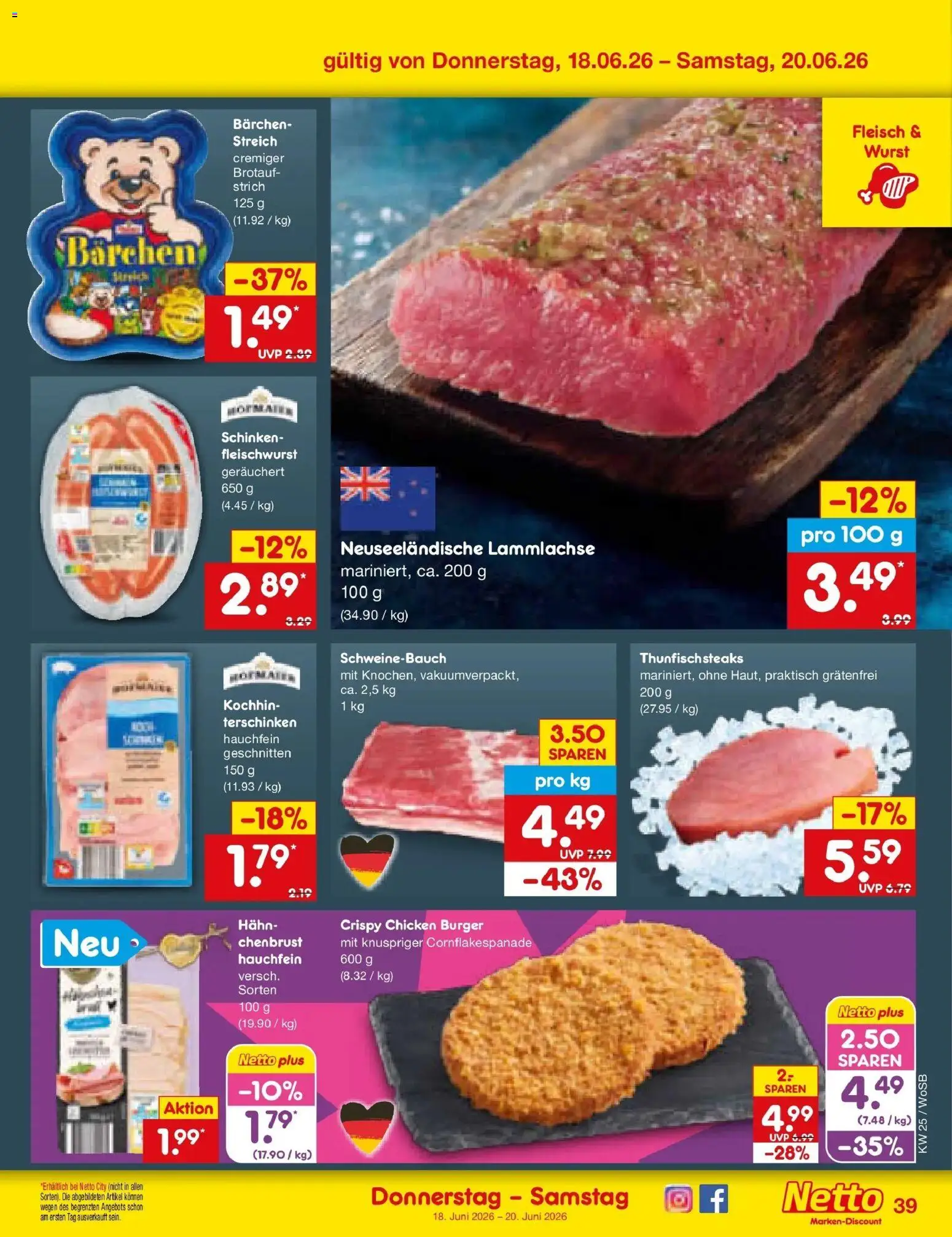 Netto Marken-Discount Prospekt Mannheim – gültig ab 14.06.2026 | Seite: 51 | Produkte: Schweinebauch, Burger, Wurst, Fleisch