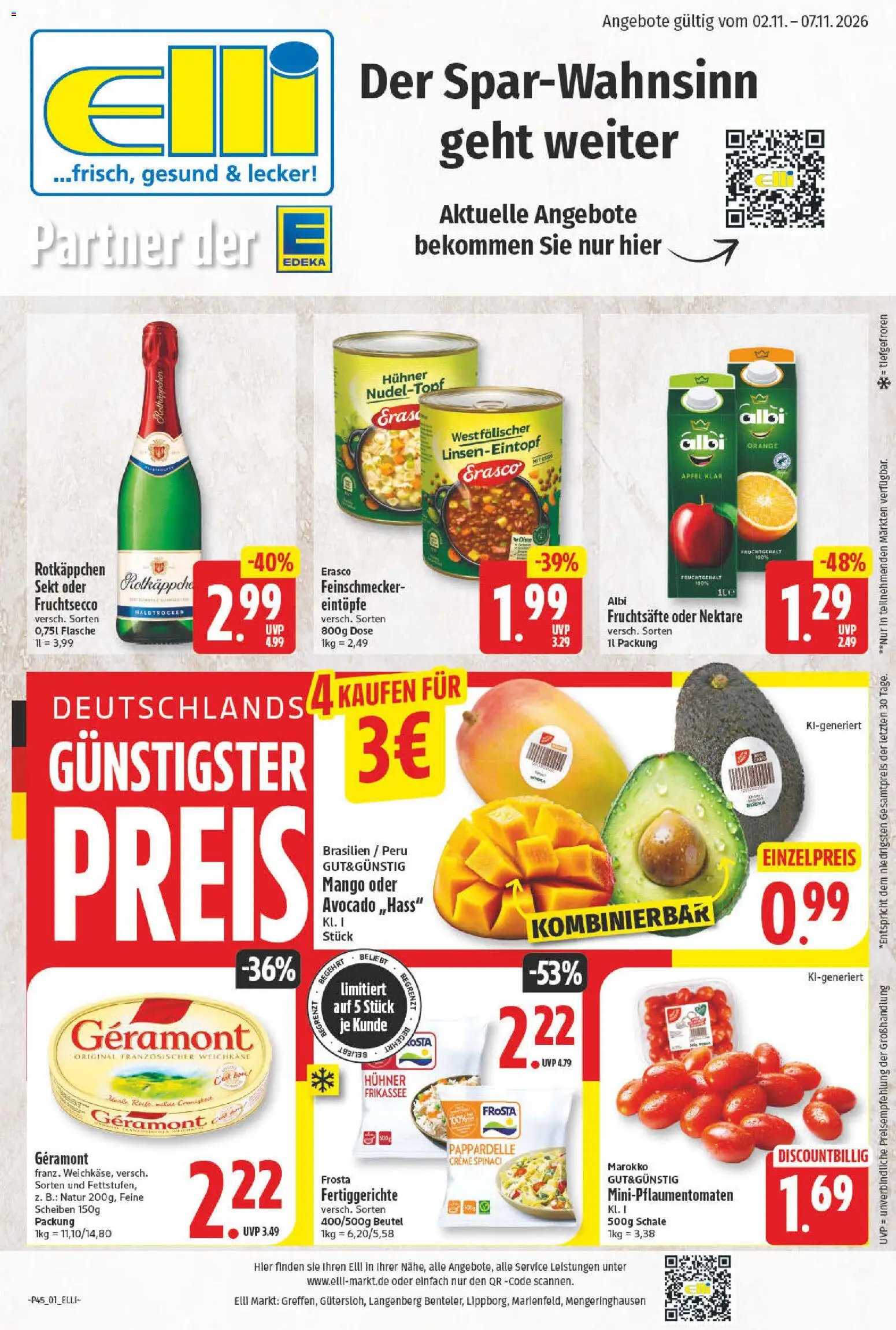 Elli Markt Prospekt – gültig ab 02.11.2026 | Seite: 1 | Produkte: Sekt, Frosta, Avocado, Erasco