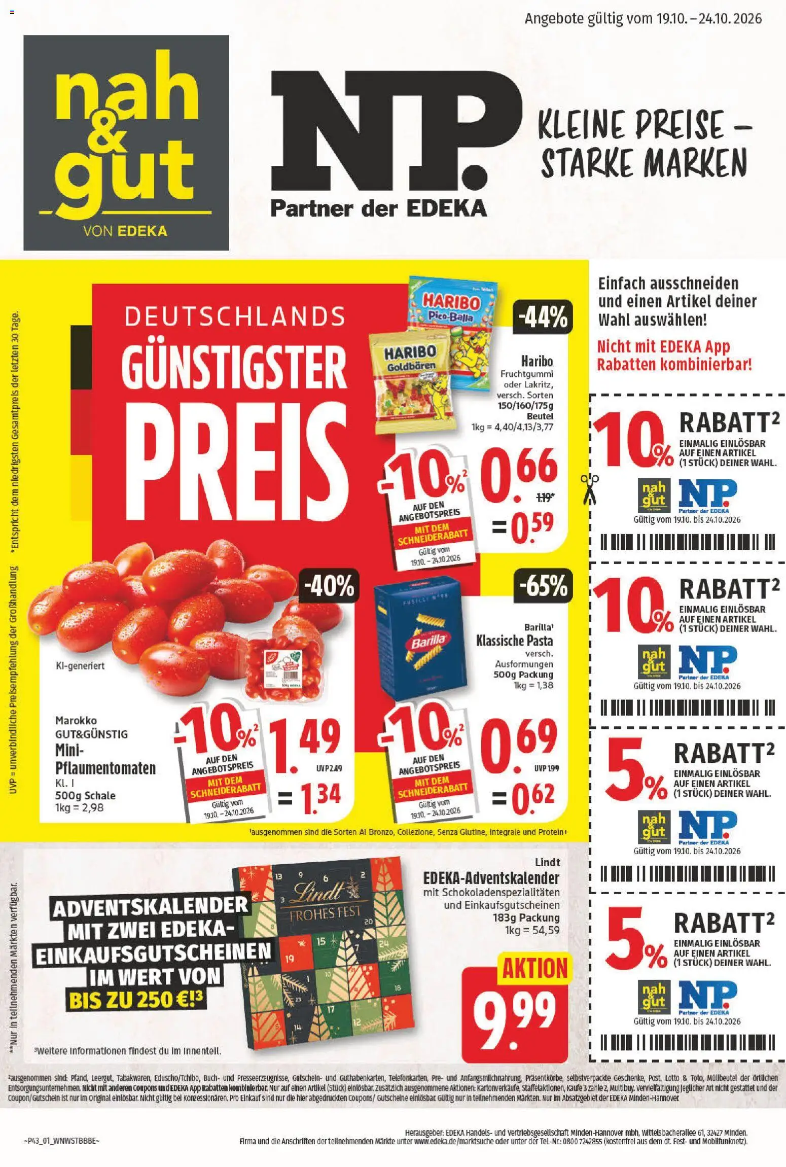 NP Discount Prospekt – gültig ab 19.10.2026 | Seite: 1 | Produkte: Haribo, Barilla, Pasta, Lindt