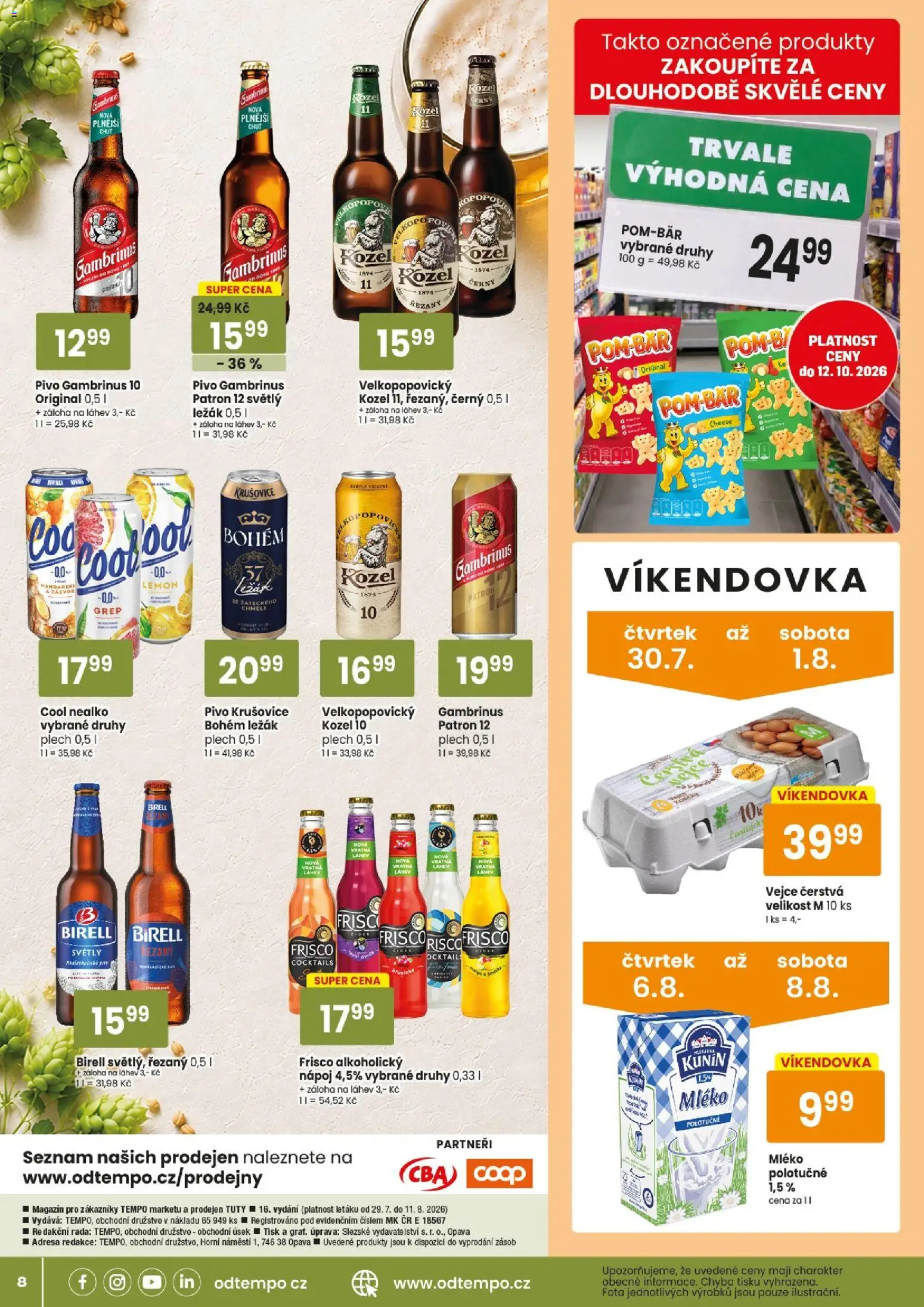 Tempo leták - Tuty od 29.07.2026 | Strana: 8 | Produkty: Mléko polotučné, Kozel 10, Plech, Gambrinus 10