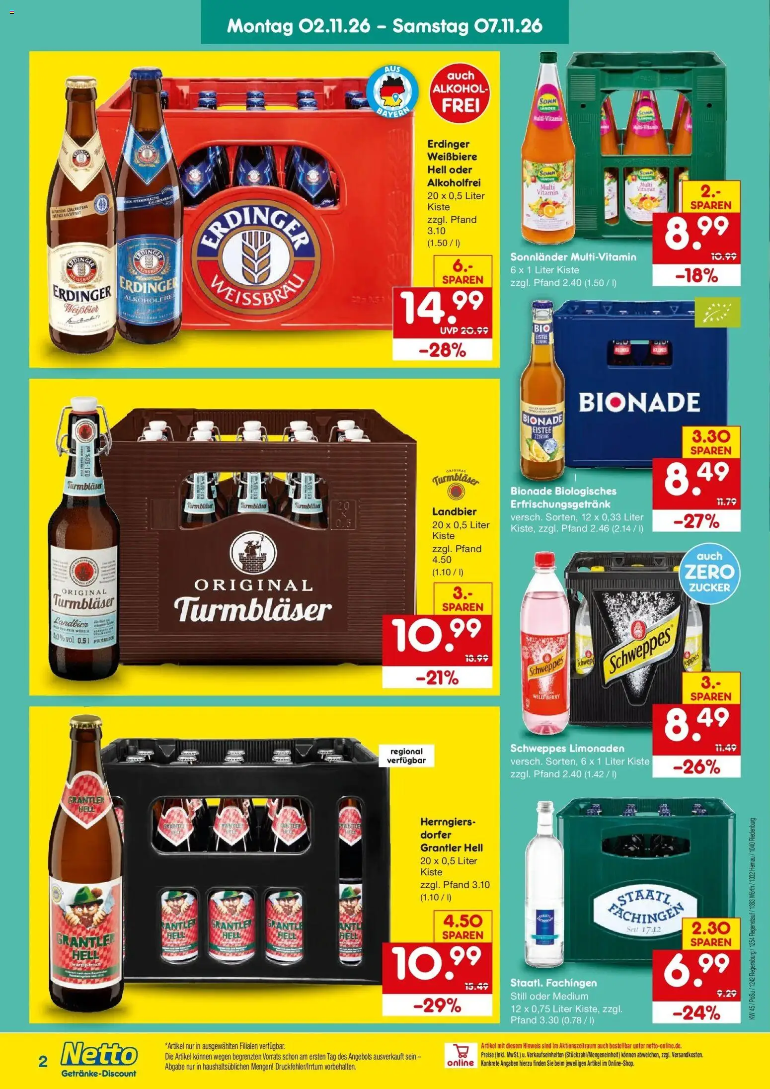 Netto Marken-Discount Prospekt Regenstauf – gültig ab 02.11.2026 | Seite: 2 | Produkte: Erdinger, Bionade, Schweppes, Alkohol