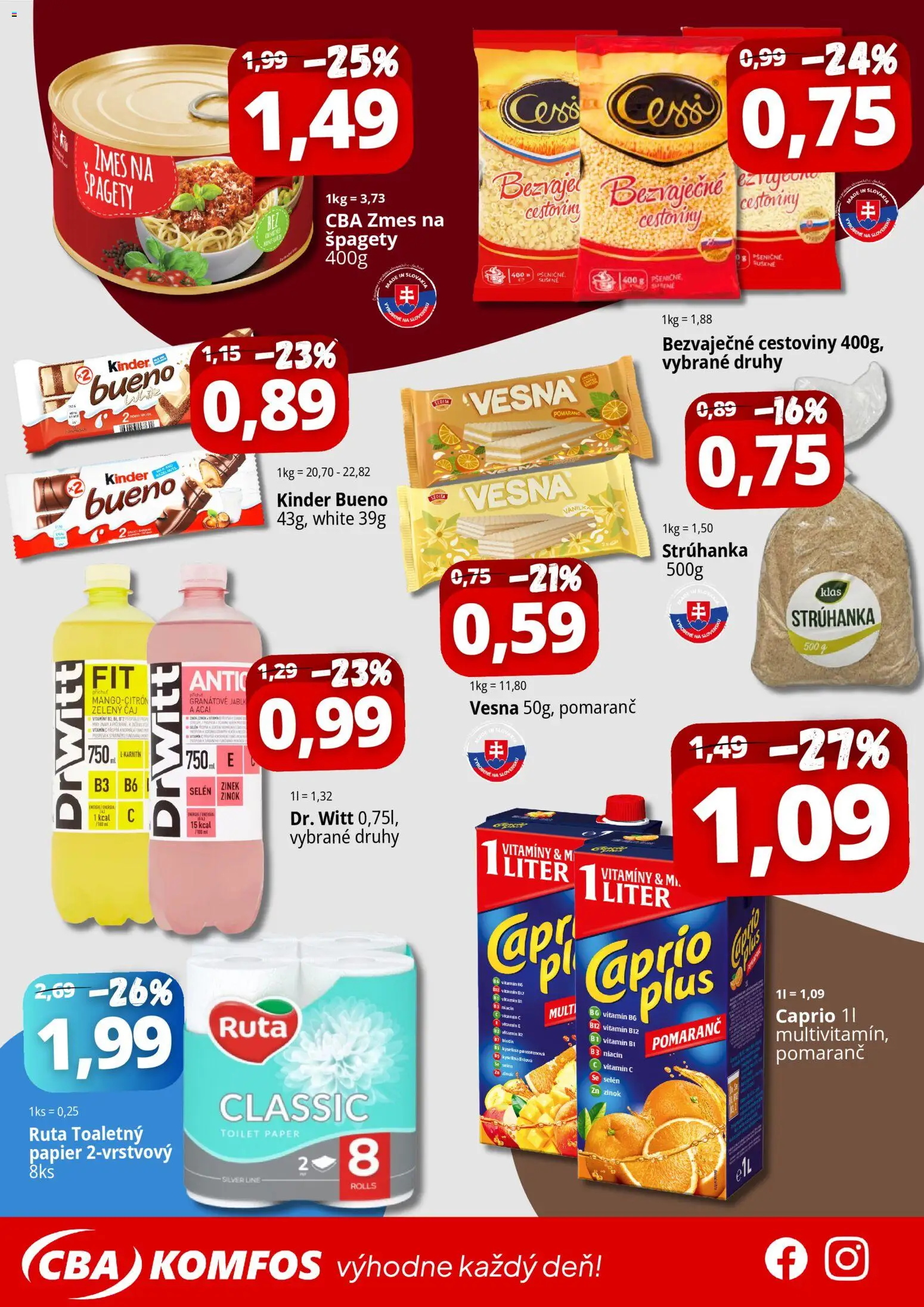 Nové CBA Komfos akcie – leták je platný od 24.04.2026 | Strana: 2 | Produkty: Cestoviny, Kinder, Kinder Bueno, Špagety