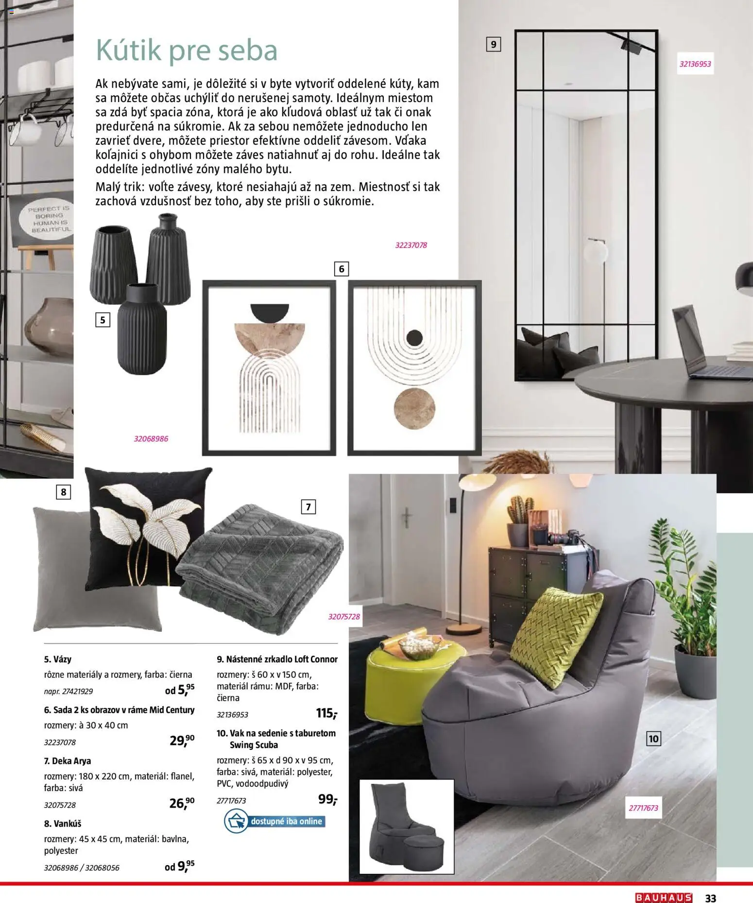 Nové Bauhaus akcie – leták je platný od 03.08.2026 | Strana: 33 | Produkty: Vankúš, Zrkadlo