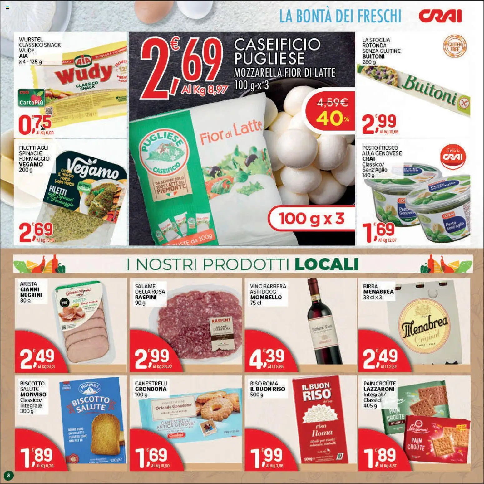 Volantino CRAI del 11.06.2026 | Pagina: 8 | Prodotti: Salame, Riso, Mozzarella, Vino