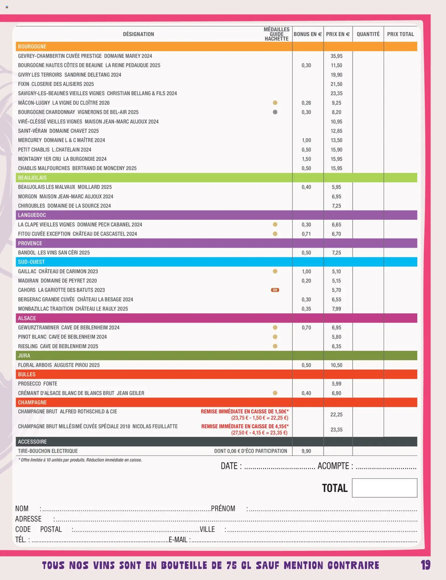 {H1} | Page: 19 | Produits: Cahors, Champagne, Crémant, Alsace gewurztraminer
