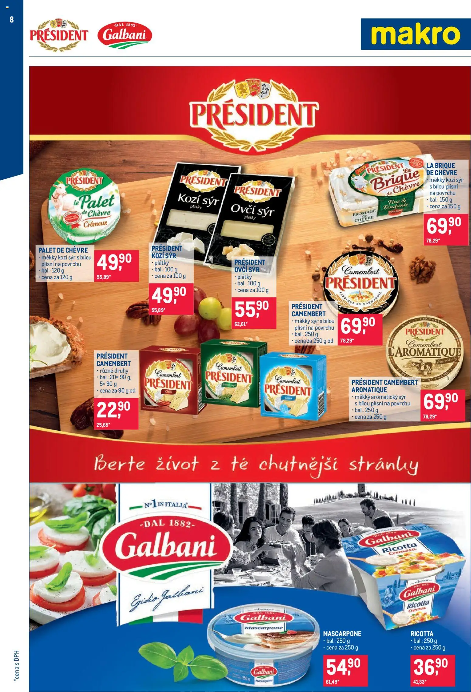 Makro leták - Obchodní partneři od 20.05.2026 | Strana: 8 | Produkty: Ricotta, Mascarpone, Kozí sýr, Camembert