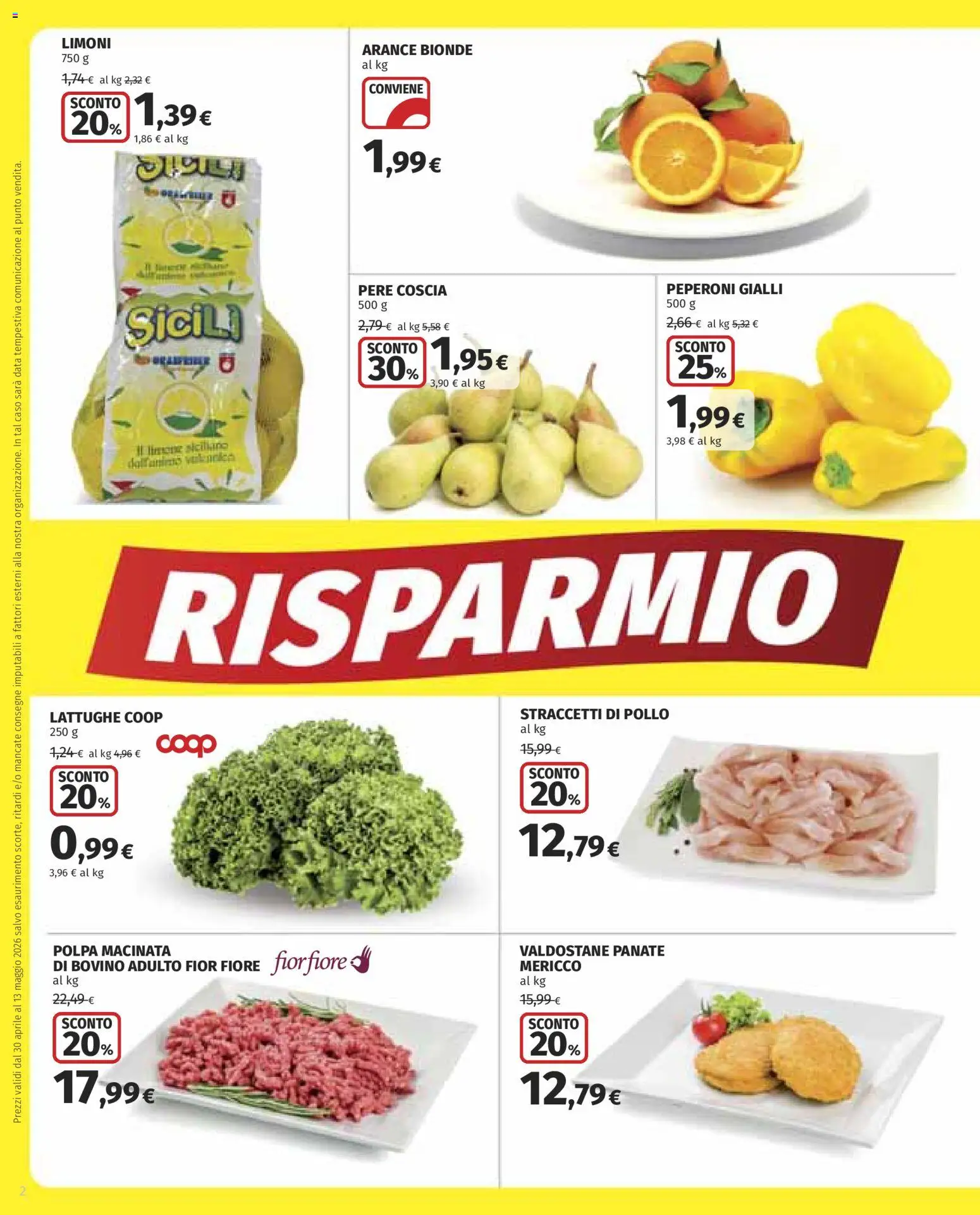 Volantino COOP del 30.04.2026 | Pagina: 2 | Prodotti: Bovino, Pollo, Limone, Data