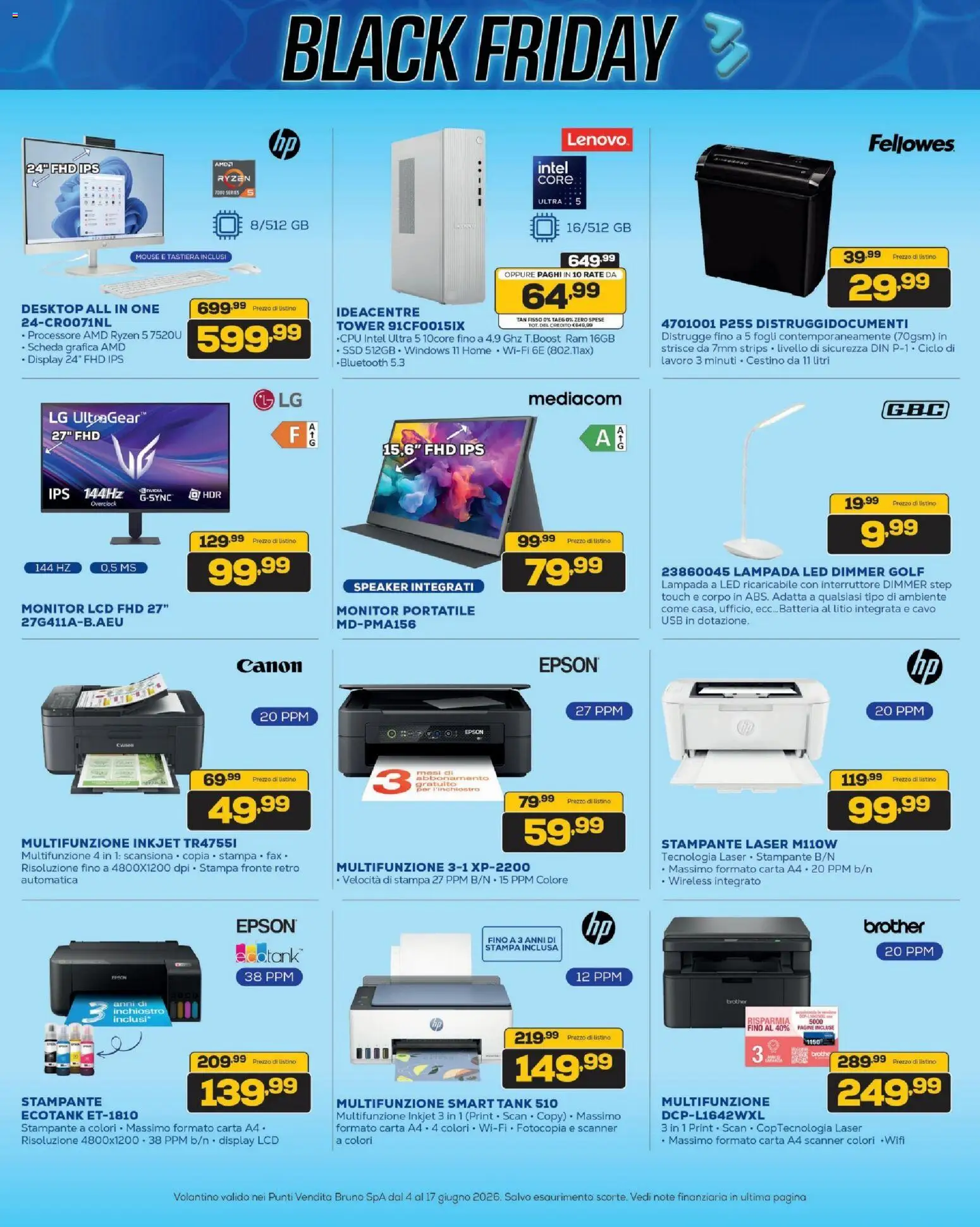Volantino BRUNO del 04.06.2026 | Pagina: 21 | Prodotti: Monitor, Stampante, USB, Lampada