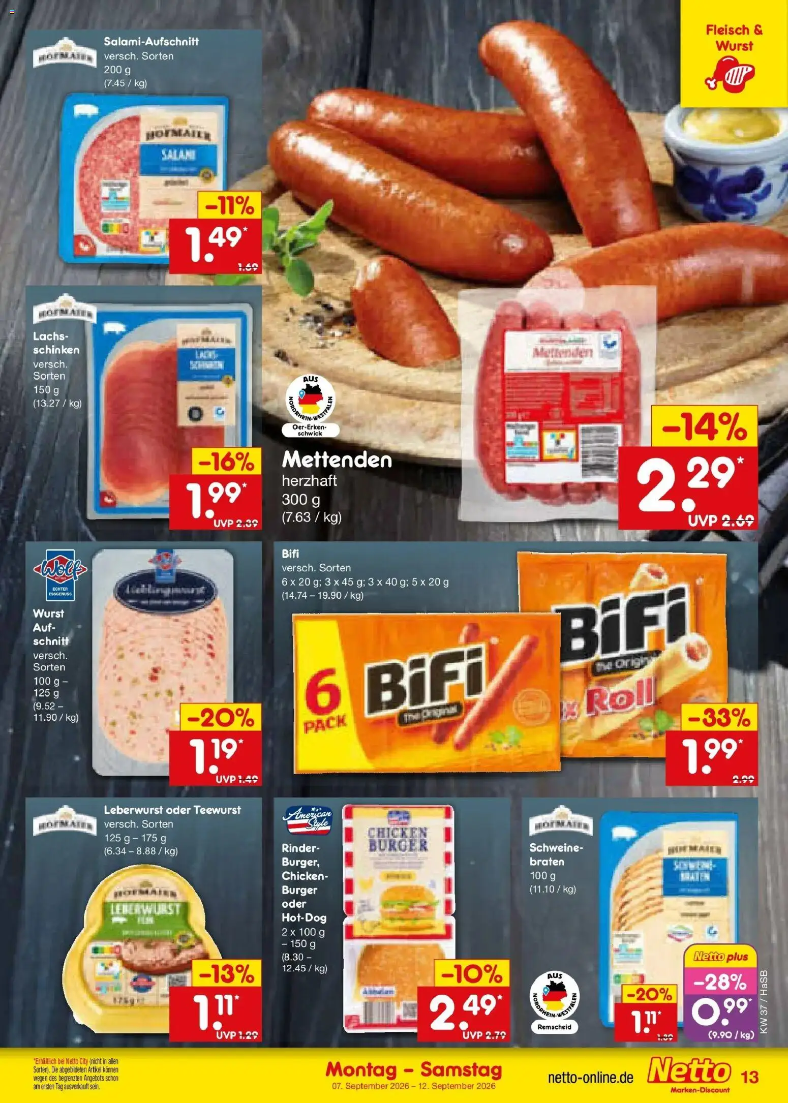 Netto Marken-Discount Prospekt Unna – gültig ab 07.09.2026 | Seite: 19 | Produkte: Burger, Lachs, Wurst, Salami