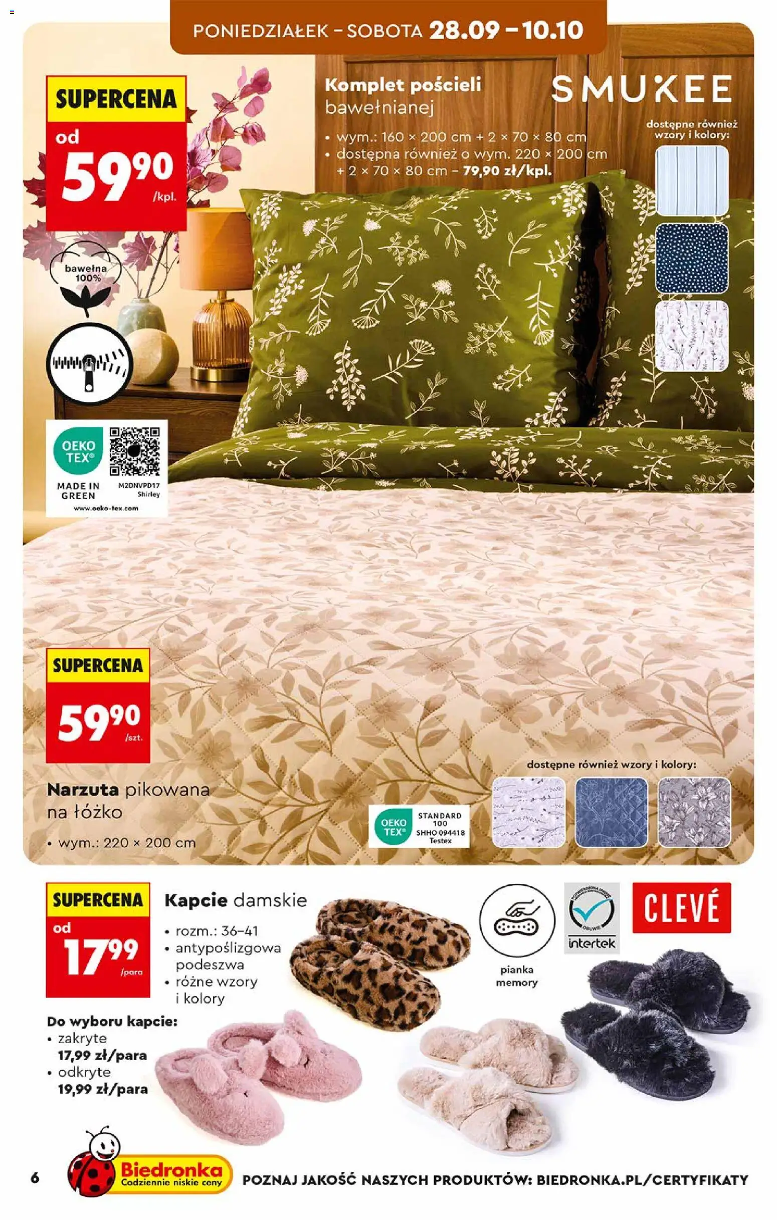 Biedronka gazetka - Hity i inspiracje od 26.09.2026 | Strona: 6 | Produkty: Kapcie, Łóżko, Narzuta