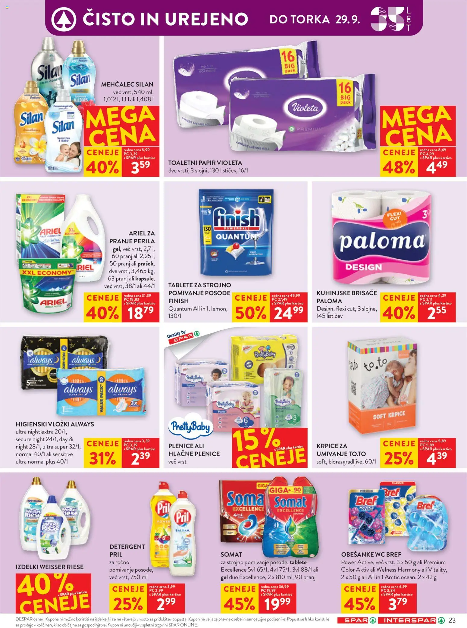 Novi Spar katalog ponudbe – veljaven od 23.09.2026 | Stran: 31 | Izdelki: Plenice, Toaletni papir, Kuhinjske brisače, Detergent