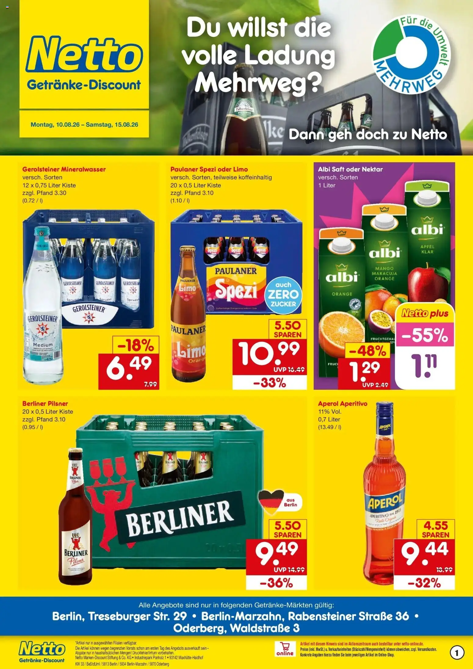 Netto Marken-Discount Prospekt Berlin – gültig ab 10.08.2026 | Seite: 1 | Produkte: Paulaner spezi, Äpfel, Mineralwasser, Saft
