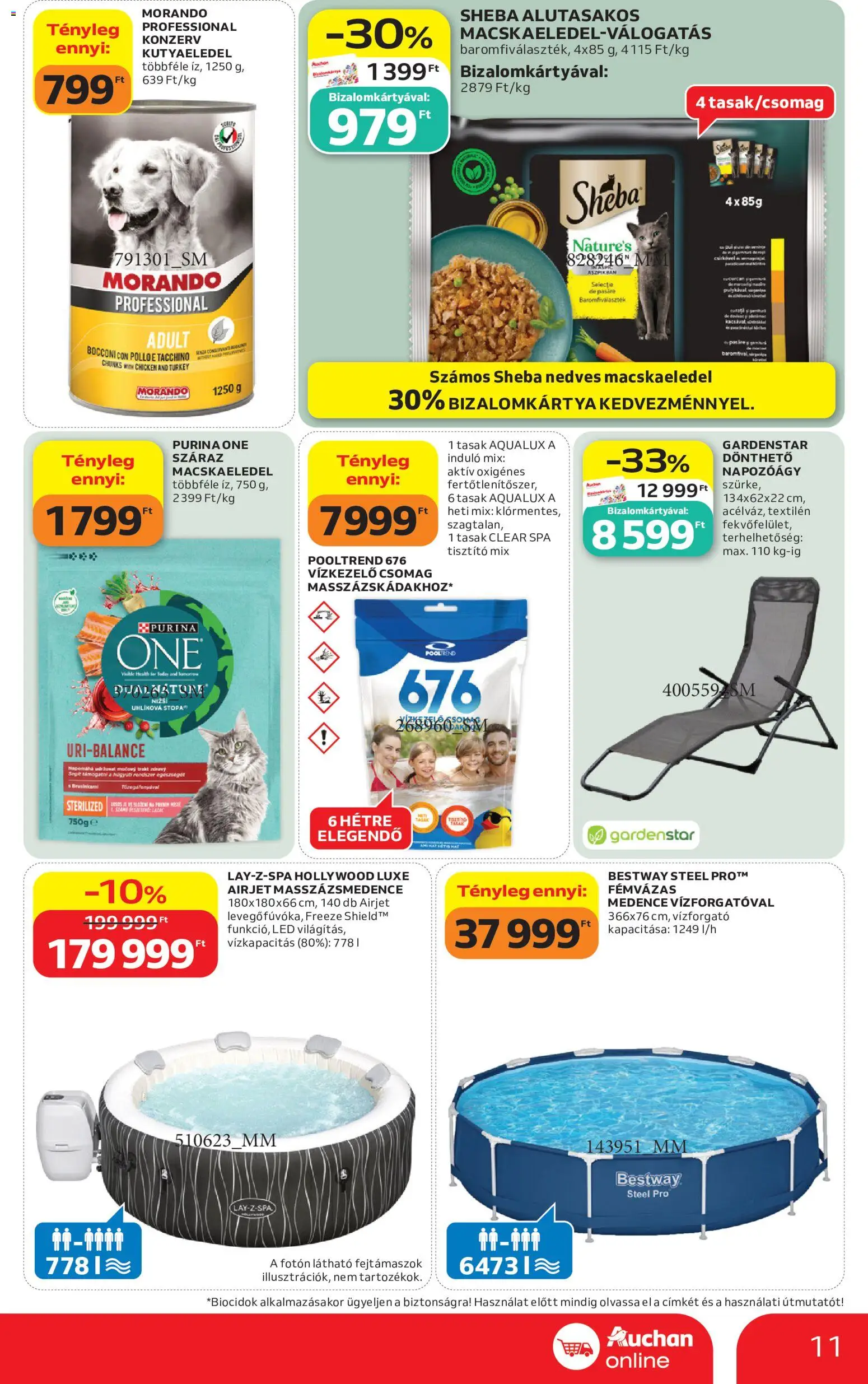 Auchan akciós ujság - amely érvényes a következő dátumtól: 04.06.2026 | Oldal: 11 | Termékek: Kutyaeledel, Purina one, Medence, Napozóágy