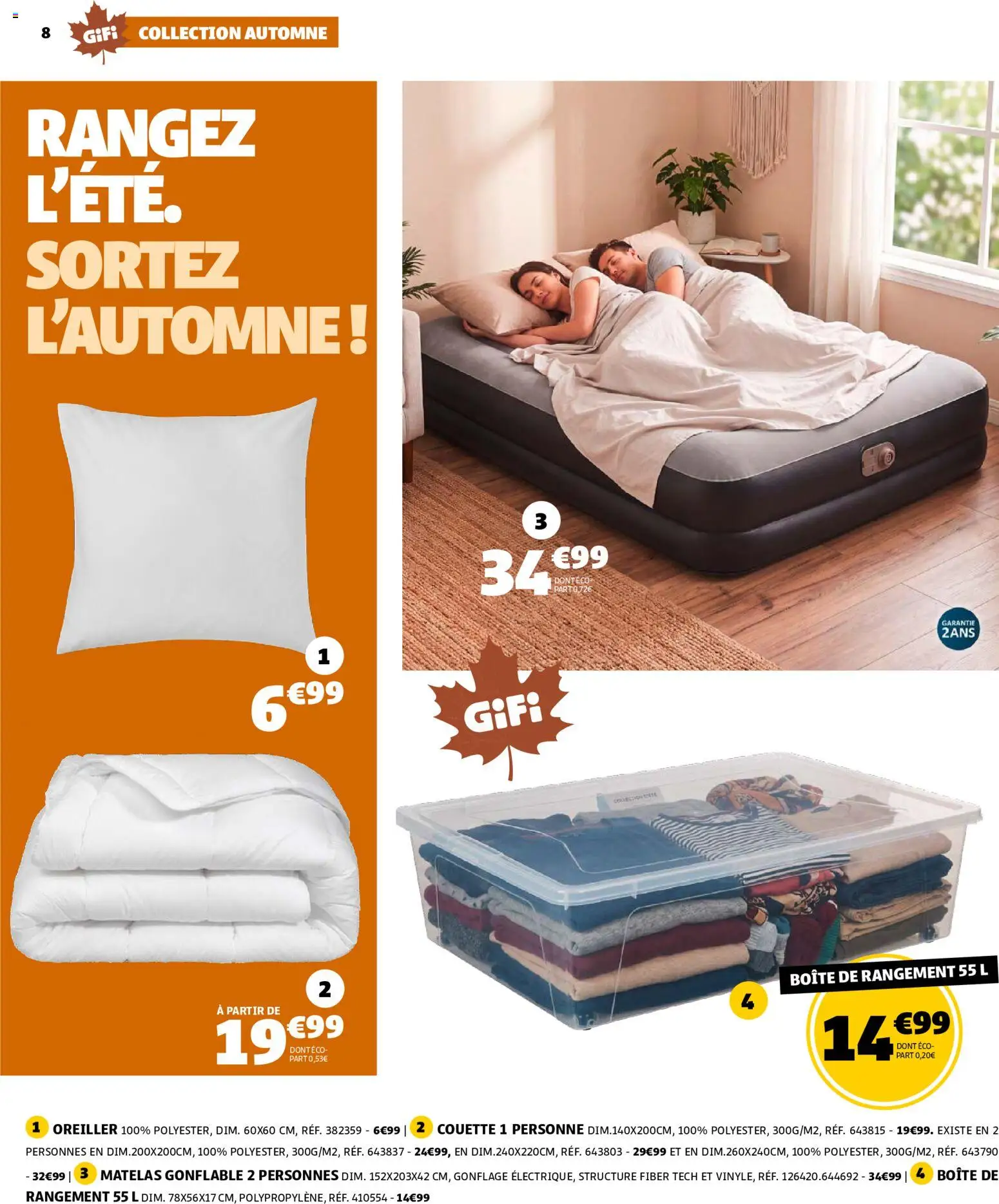 {H1} | Page: 8 | Produits: Matelas gonflable, Couette 1 personne, Oreiller, Boîte de rangement