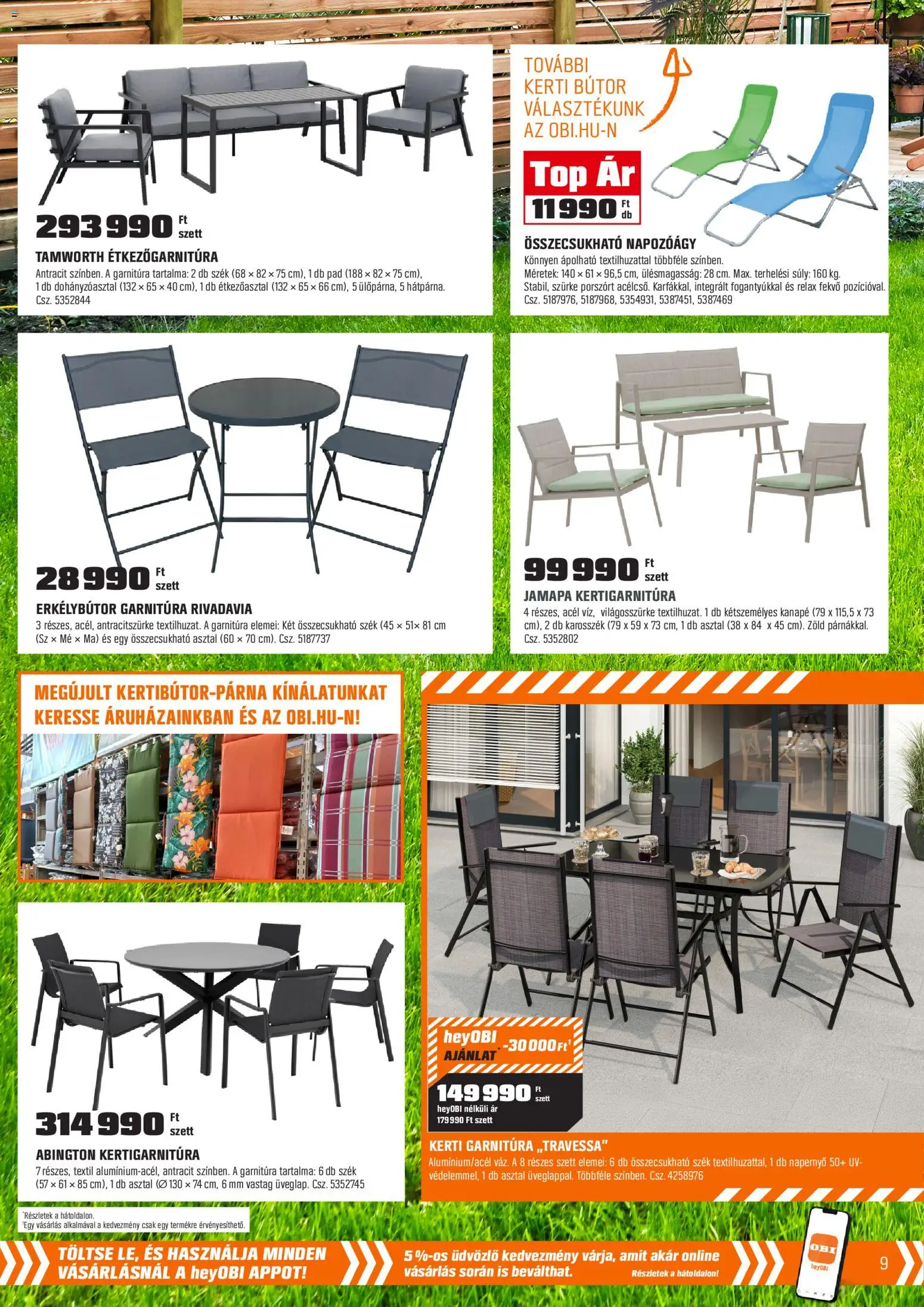 OBI akciós ujság - amely érvényes a következő dátumtól: 28.04.2026 | Oldal: 9 | Termékek: Bútor, Kerti bútor, Napozóágy, Napernyő