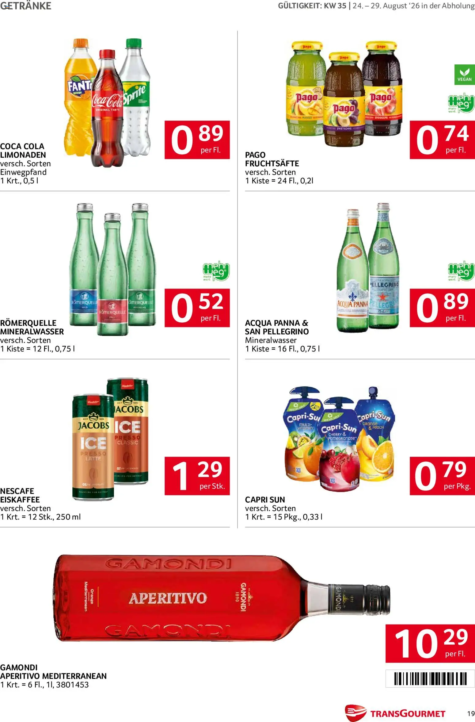 Transgourmet Flugblatt gültig ab 24.08.2026 | Seite: 19 | Produkte: Getränke, Mineralwasser, Eiskaffee