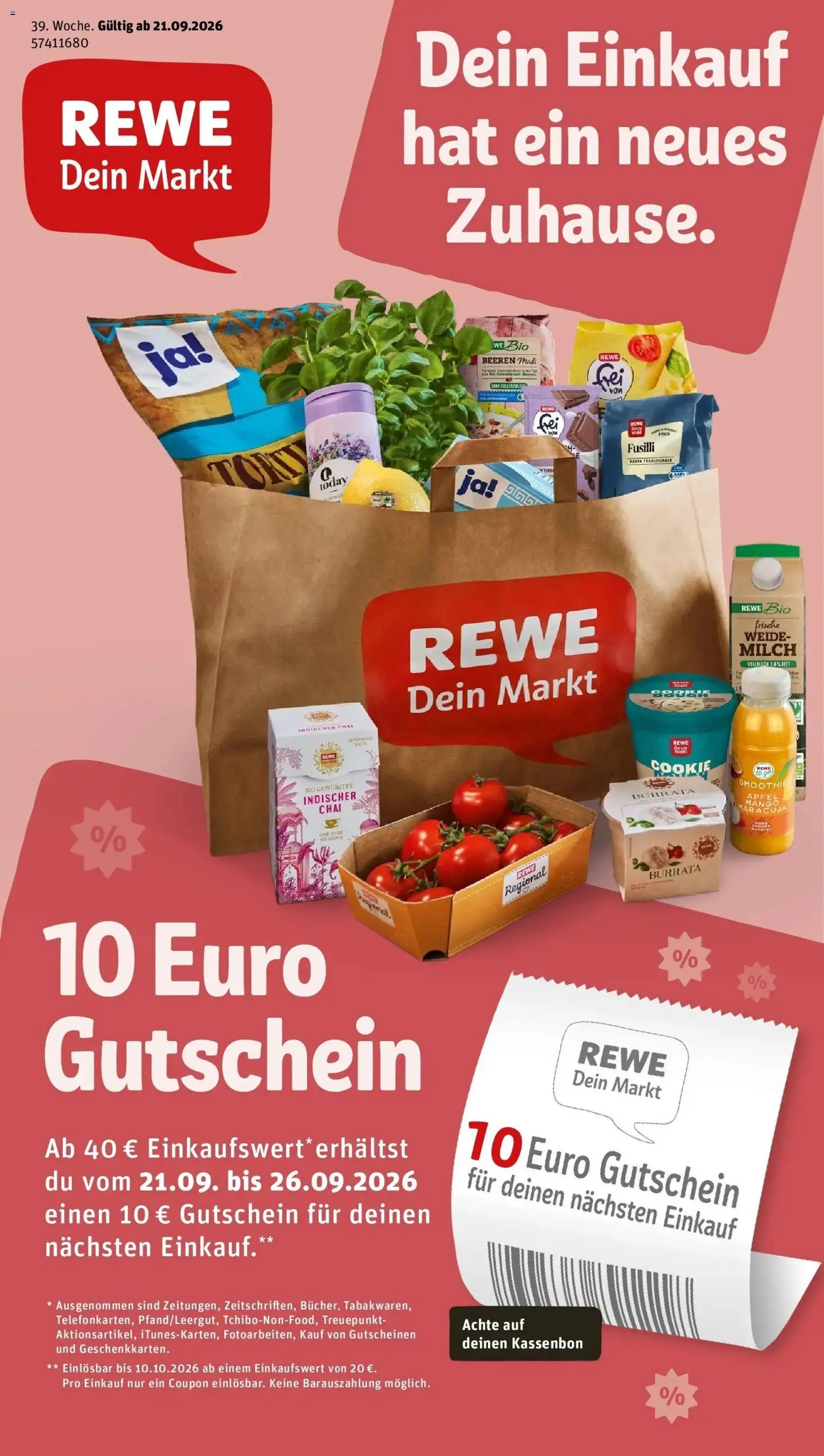 REWE Prospekt ab 21.09.2026 zum Blättern » Angebote | Seite: 1 | Produkte: Milch, Äpfel, Burrata, Mango