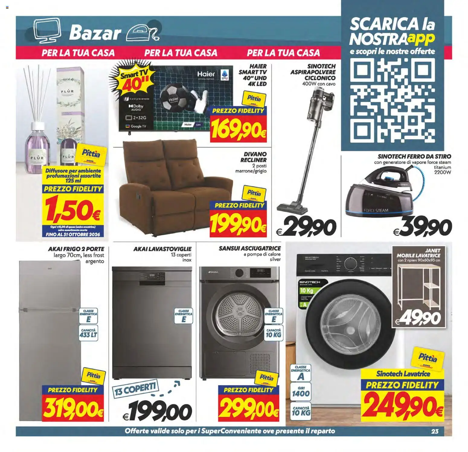 Volantino SuperConveniente del 02/10/2026 | Pagina: 23 | Prodotti: Lavatrice, Cavo, Aspirapolvere, Divano