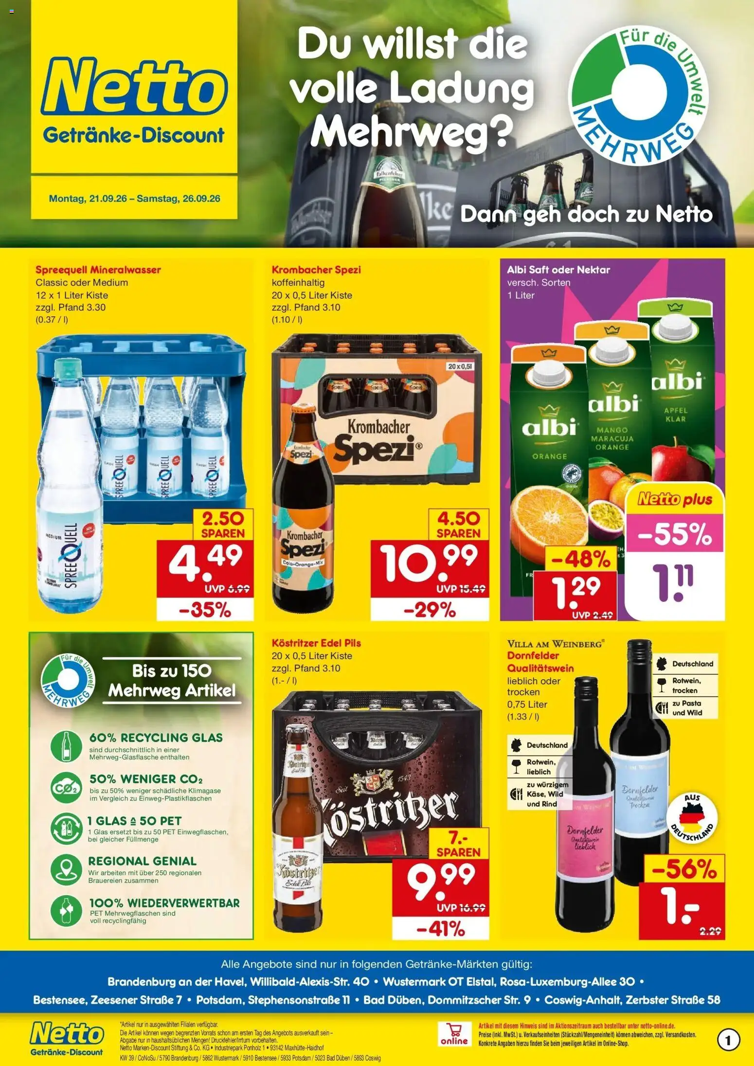 Netto Marken-Discount Prospekt Bad Düben – gültig ab 21.09.2026 | Seite: 1 | Produkte: Kostritzer, Pils, Äpfel, Mineralwasser