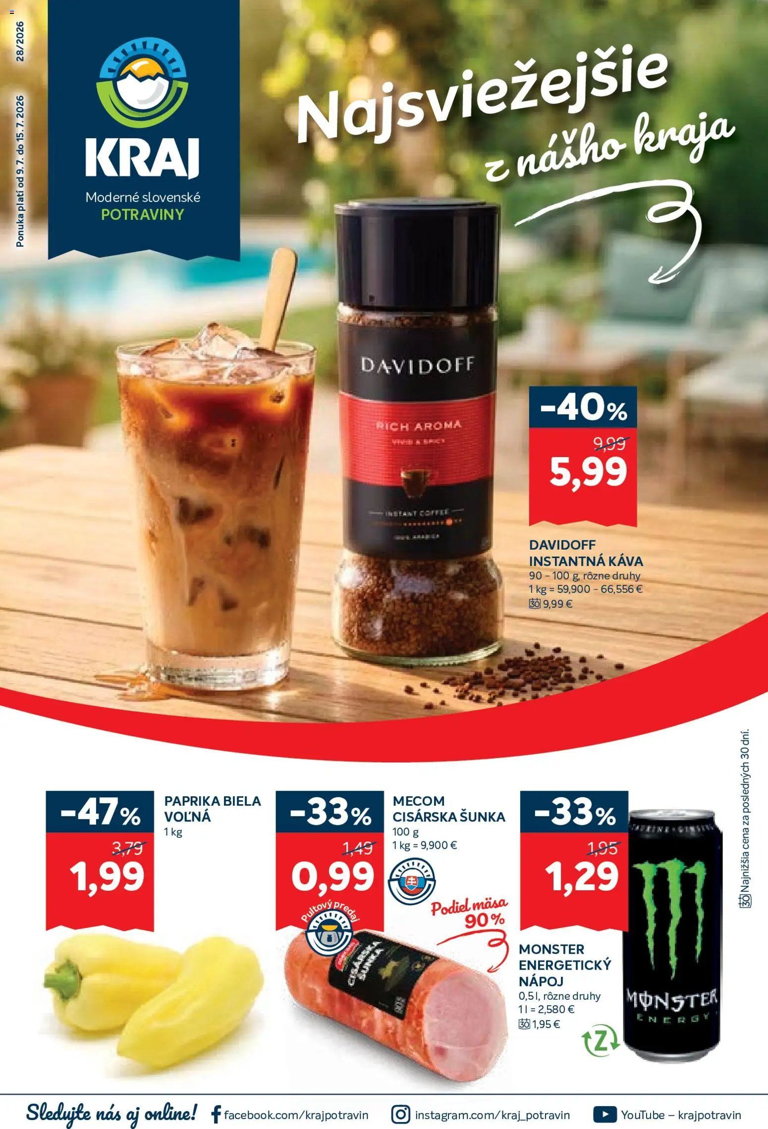 Nové Kraj akcie – leták je platný od 09.07.2026 | Strana: 1 | Produkty: Paprika, Davidoff, Káva, Šunka