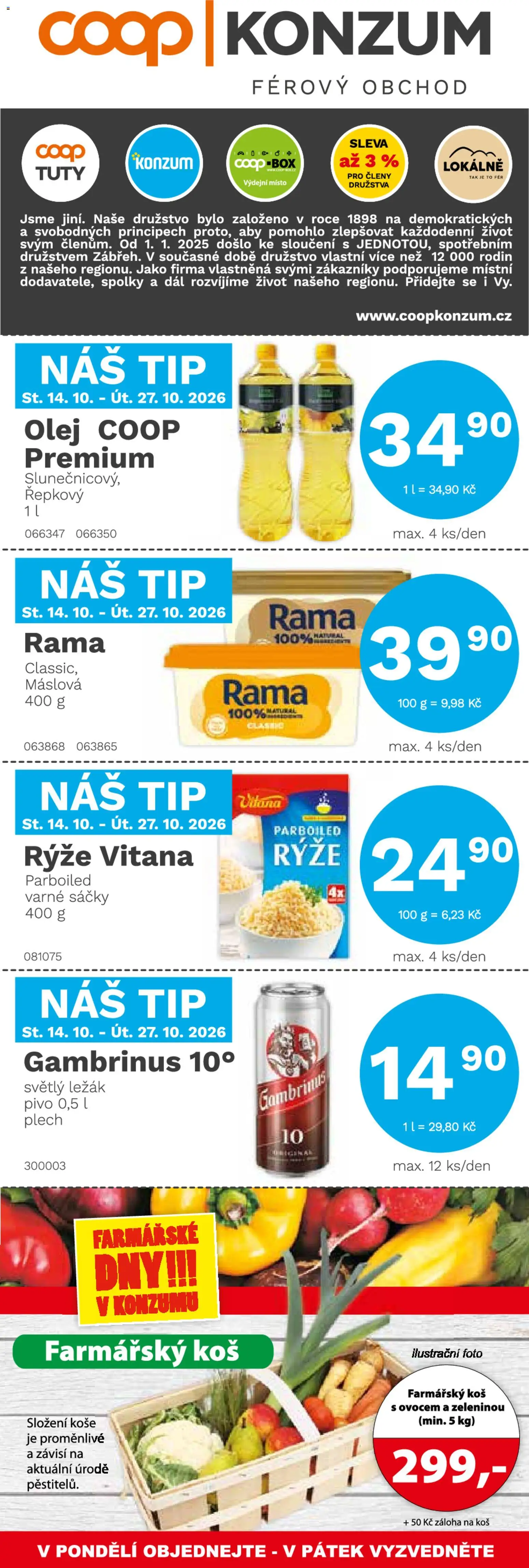 Konzum leták od 14.10.2026 | Strana: 1 | Produkty: Box, Pivo, Rýže, Rama