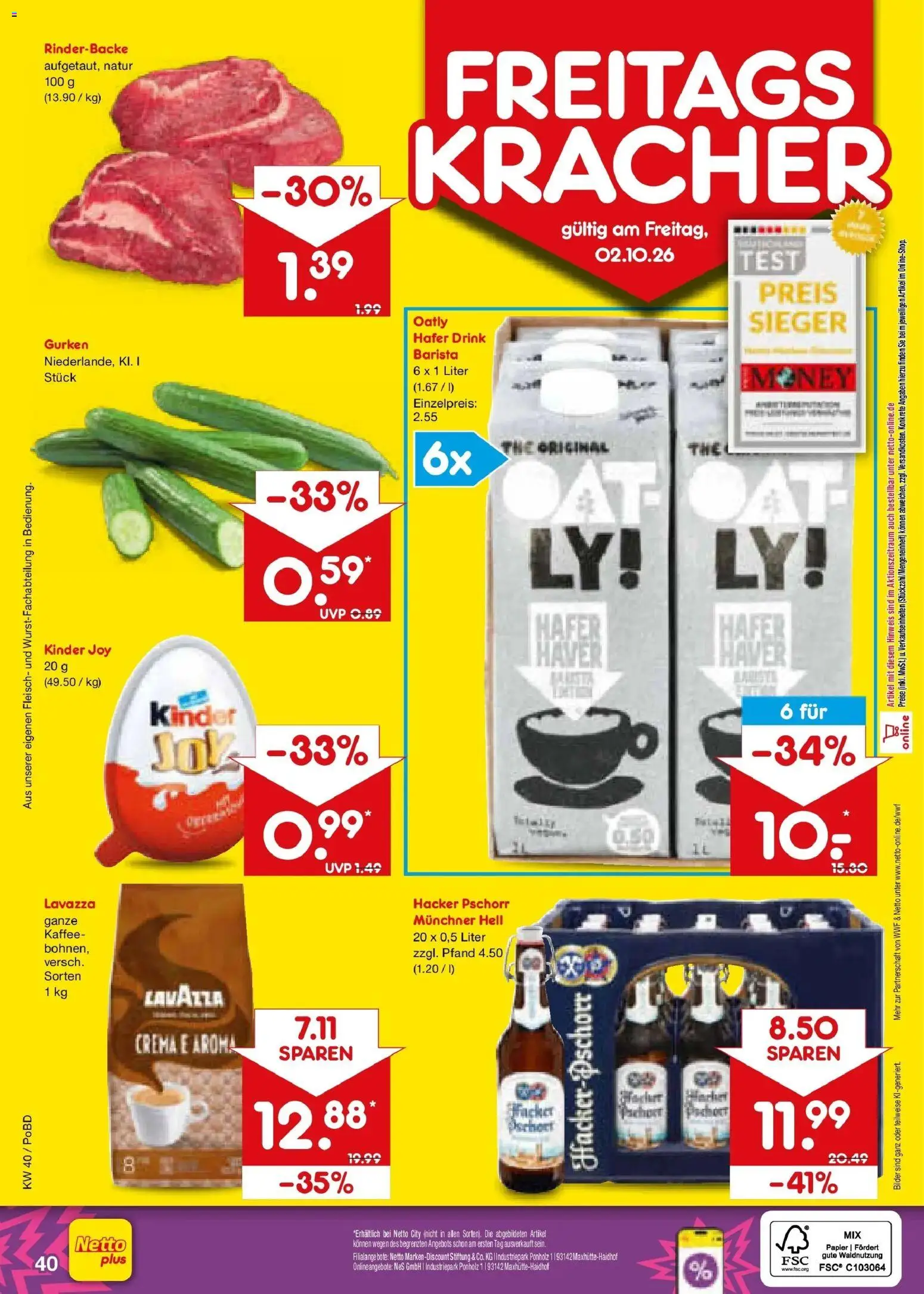 Netto Marken-Discount Prospekt Selb – gültig ab 28.09.2026 | Seite: 62 | Produkte: Lavazza, Oatly, Fleisch, Gurken